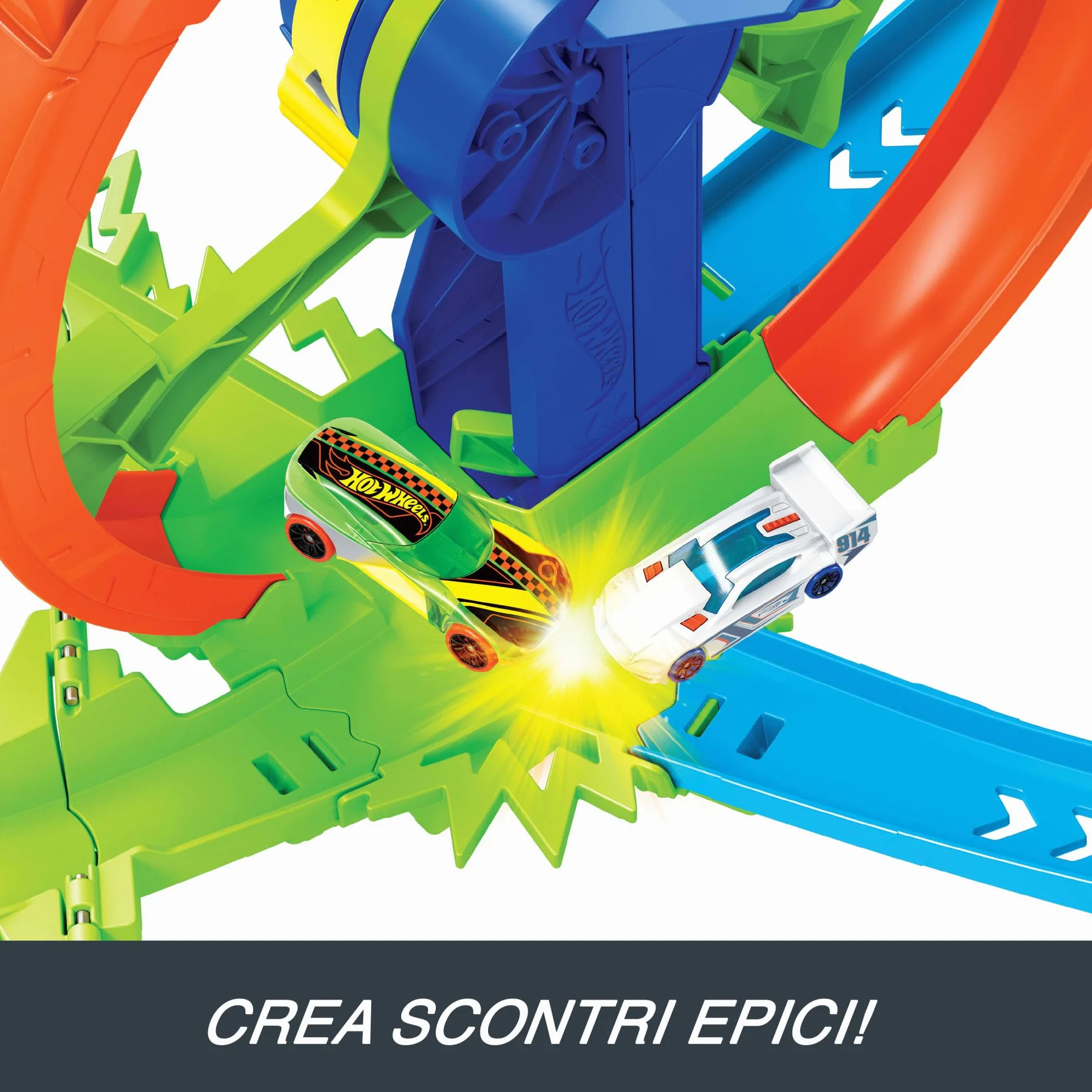 Hot Wheels - Pista Loop Rotante, playset con zona scontro su pista a forma di 8 e loop a propulsione, include una macchinina in scala 1:64, giocattolo per bambini, 3+ anni, JBX65