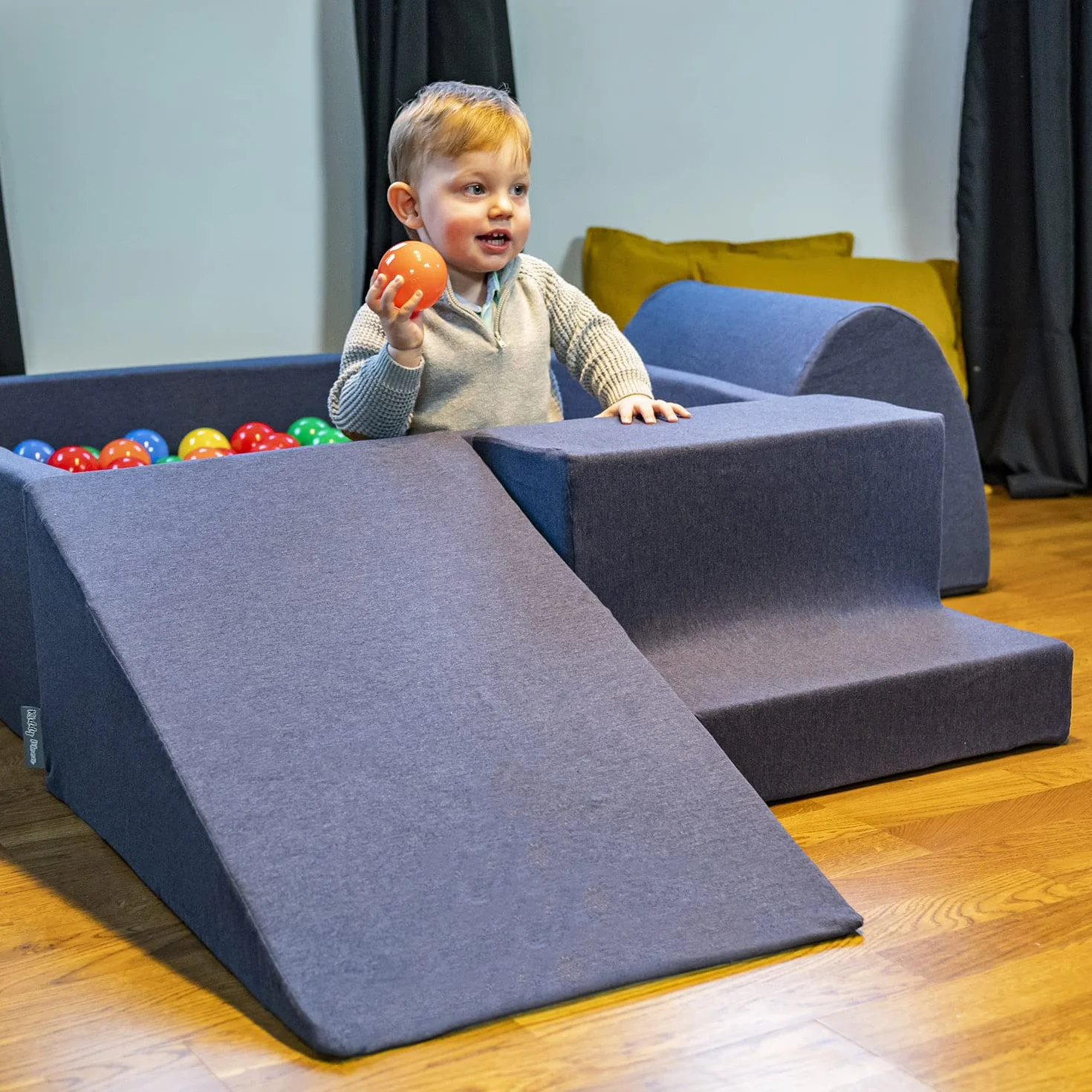 KiddyMoon Area di Gioco in Schiuma con Tondo Piscina di Palline (200 Palline) per Bambini, Blu Scuro:Verdech/Arancione/Turche/Blu/Azuro/Gialo