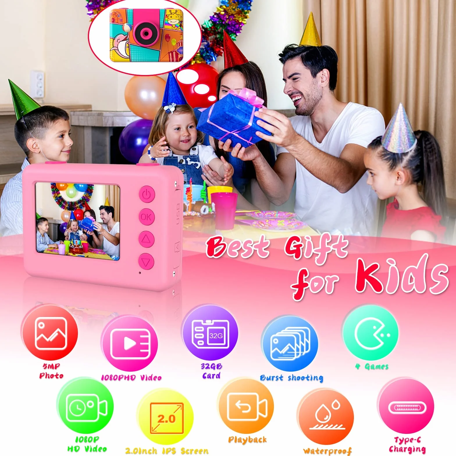 CHAKEYAKE Macchina Fotografica Bambini, 2.0” Fotocamera Digitale Impermeabile, 1080P 180 °Flip Len, Subacquea Macchina Fotografica Giocattolo Videocamera con Scheda SD 32G per Bambini 3-12 anni
