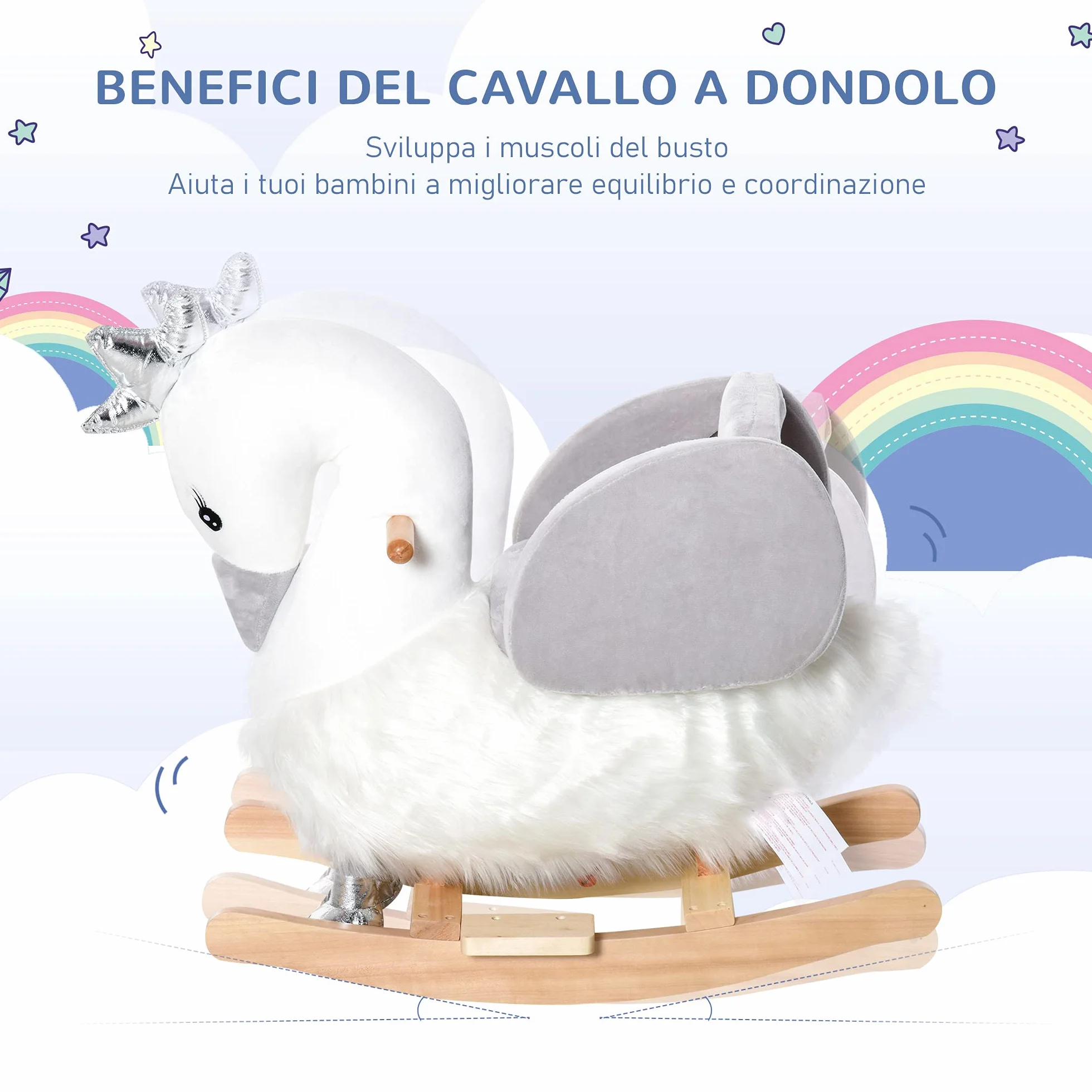HOMCOM Cavallo a Dondolo per Bambini a Forma di Cigno, Dondolo Giocattolo Cavalcabile per Bambini 18-36 Mesi (Max 40kg), in Legno di Pioppo e Peluche, Bianco e Grigio