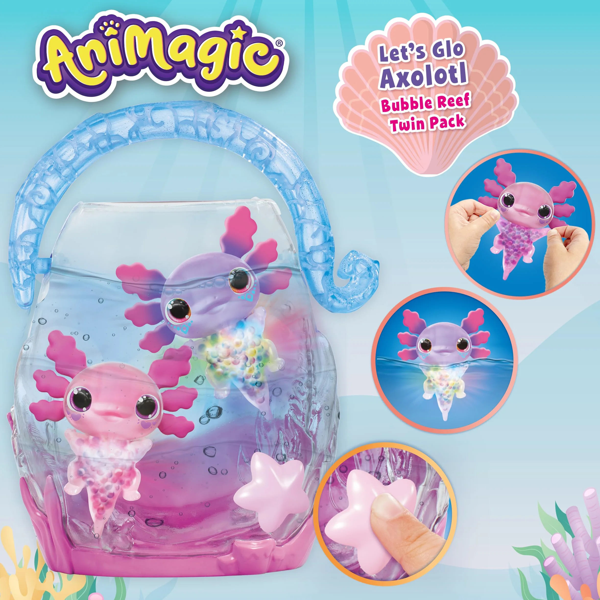 ANIMAGIC Let's Glo Axolotl Bubble Reef Acquario interattivo 2 axolotl rosa viola Compagni elettronici luminosi Gioco sensoriale tattile bambini 4+