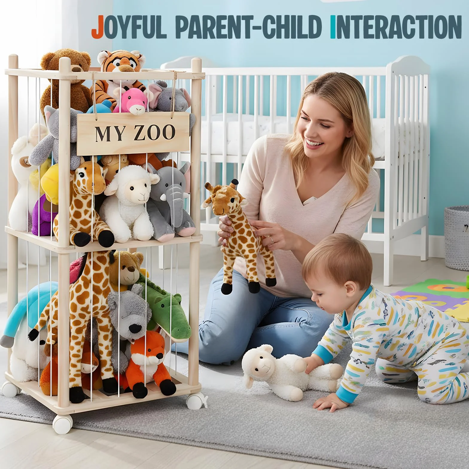 Porta Peluche Verticale a 2 Ripiani, Portapeluche con Ruote Frenate a 360°, Organizer per Animali di Peluche e Giocattoli, per Camera dei Bambini, Sala Giochi, Soggiorno, 95 x 40 x 40 cm