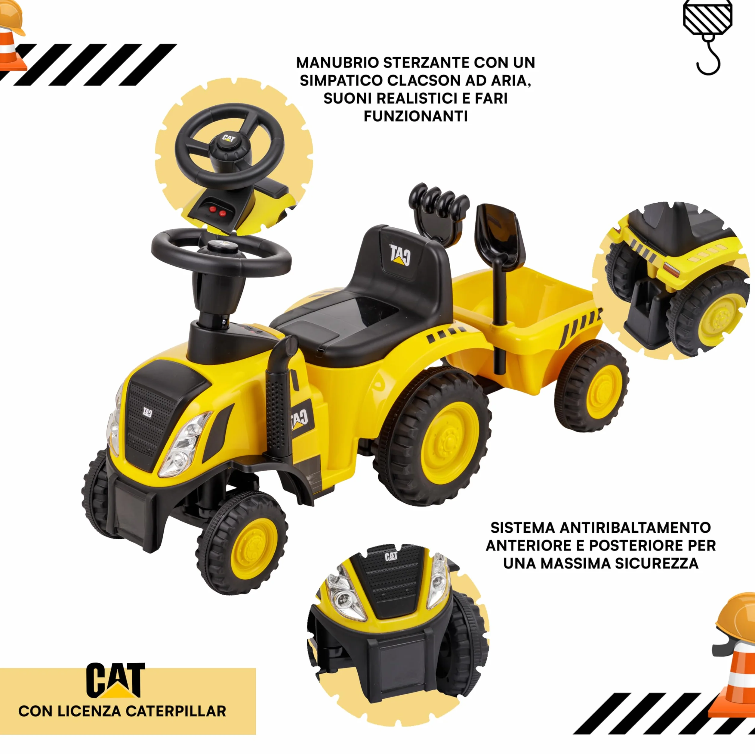 Baroni Toys Trattore Cavalcabile con Rimorchio per Bambini da 1-3 Anni con Licenza CATERPILLAR, Suoni Realistici, Fari Funzionanti e e Vano Portaoggetti, per Interno ed Esterno, 29x91x44 cm