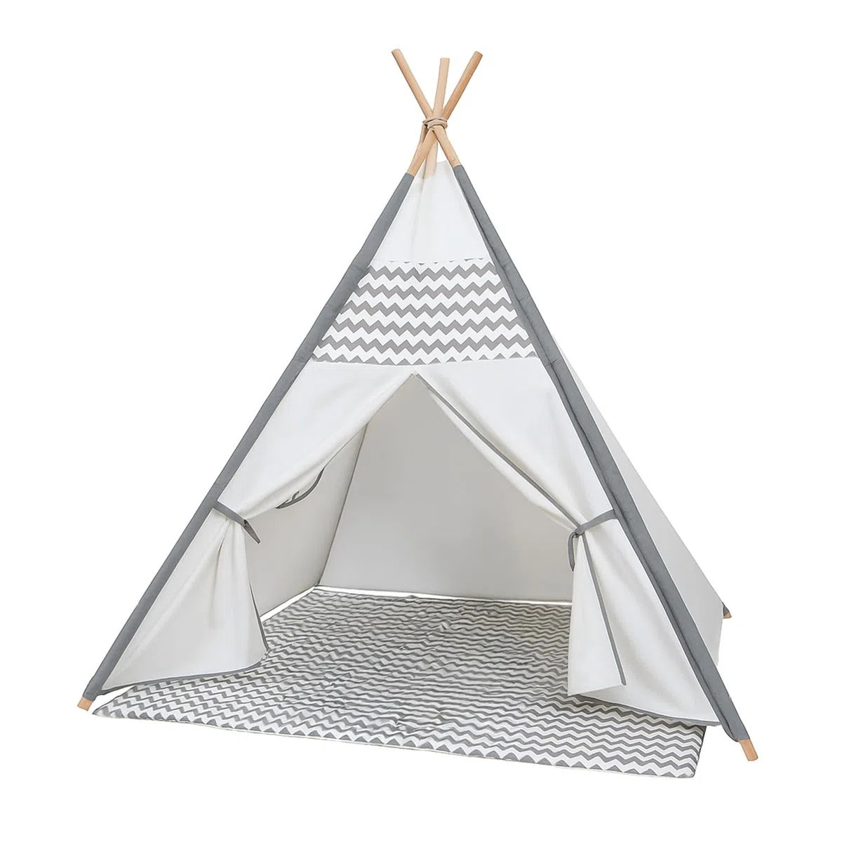 Tenda Gioco Teepee per Bambini Indiana con Tappetino Bianca Grigia Zigzag 120x120x150 cm Interni Design Classico