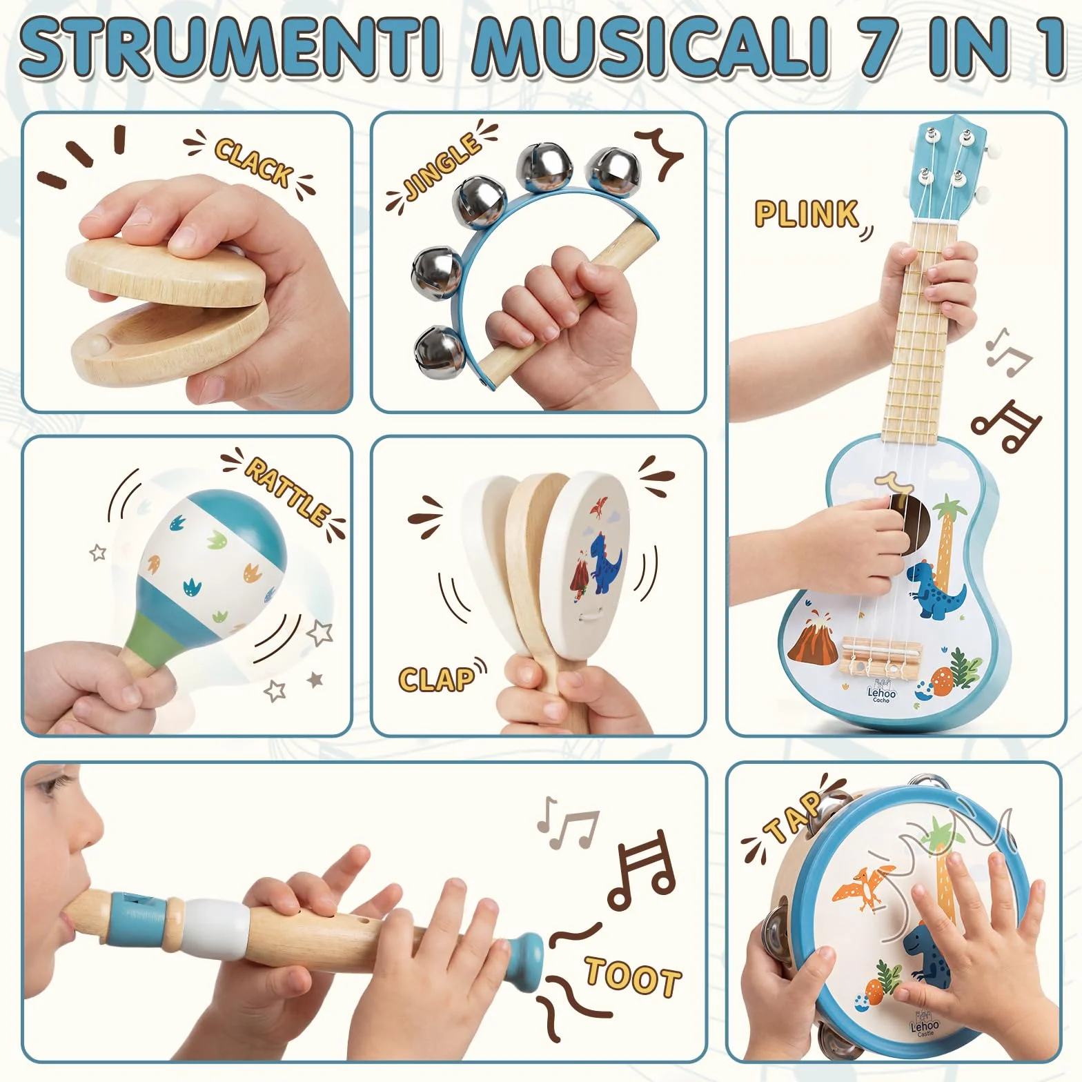 Lehoo Castle Chitarra per Bambini, 7 Strumenti Musicali Montessori Giochi, con ukulele, Tamburello, Flauto, Maracas, Giocattoli in Legno, Giocattoli Didattici, Regalo per bambini di 1, 2, 3 anni