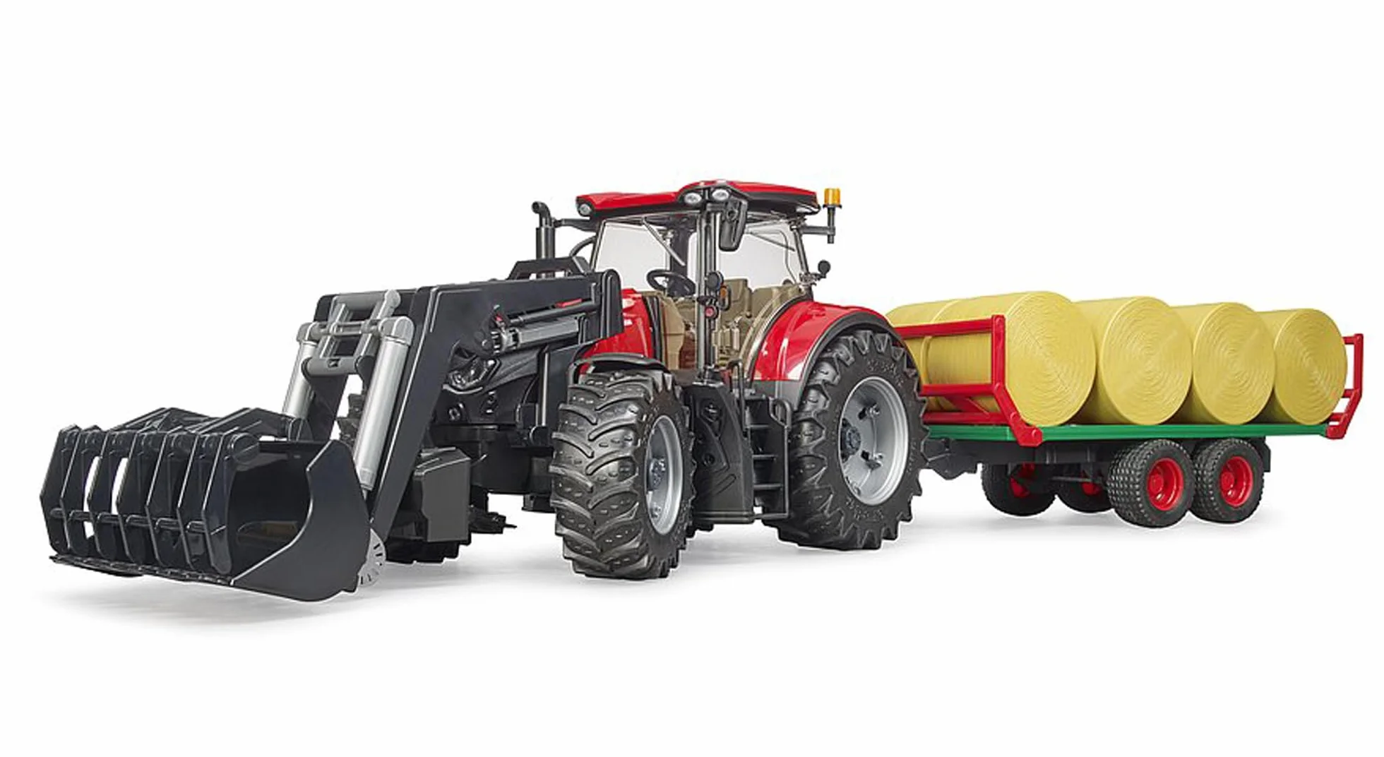 bruder 03198 - Case IH Optum 300CVX con caricatore frontale e rimorchio per trasporto balle, trattore, rimorchio per balle