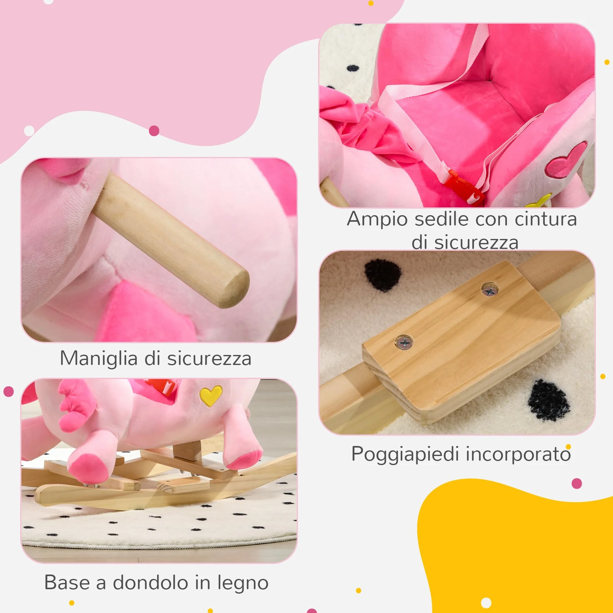 HOMCOM Cavallo a Dondolo con 32 Canzoni, Unicorno a Dondolo in Peluche con Base in Legno e Cintura di Sicurezza per Bambini da 18-36 Mesi, Rosa