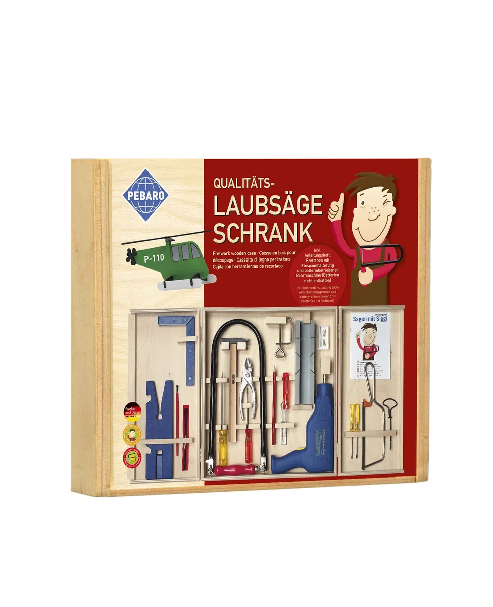 Pebaro 408PL - Armadietto per Sega a Foglie di qualità, 28 Pezzi, Set Completo in armadietto in Legno, Utensili in Acciaio, Curvo per traforo Realizzato in Germania, Trapano, Fai da Te con Legno,