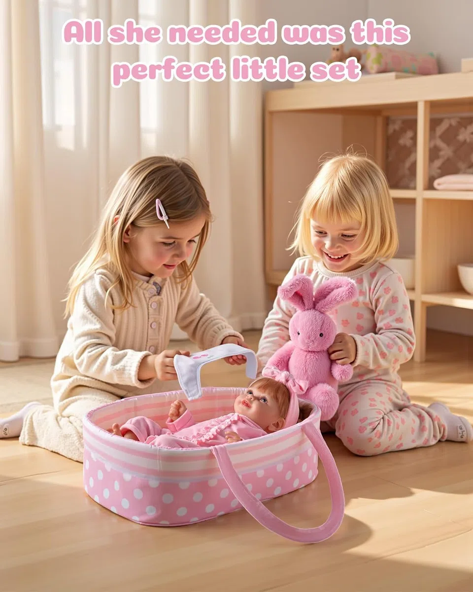 BABESIDE Vestiti per Rinato Bambino Bambole da 8 Pezzi con Culla Adatto a Bambole da 17-22 Pollici, Vestiti per Bambole, Accessori di Abbigliamento (rosa)
