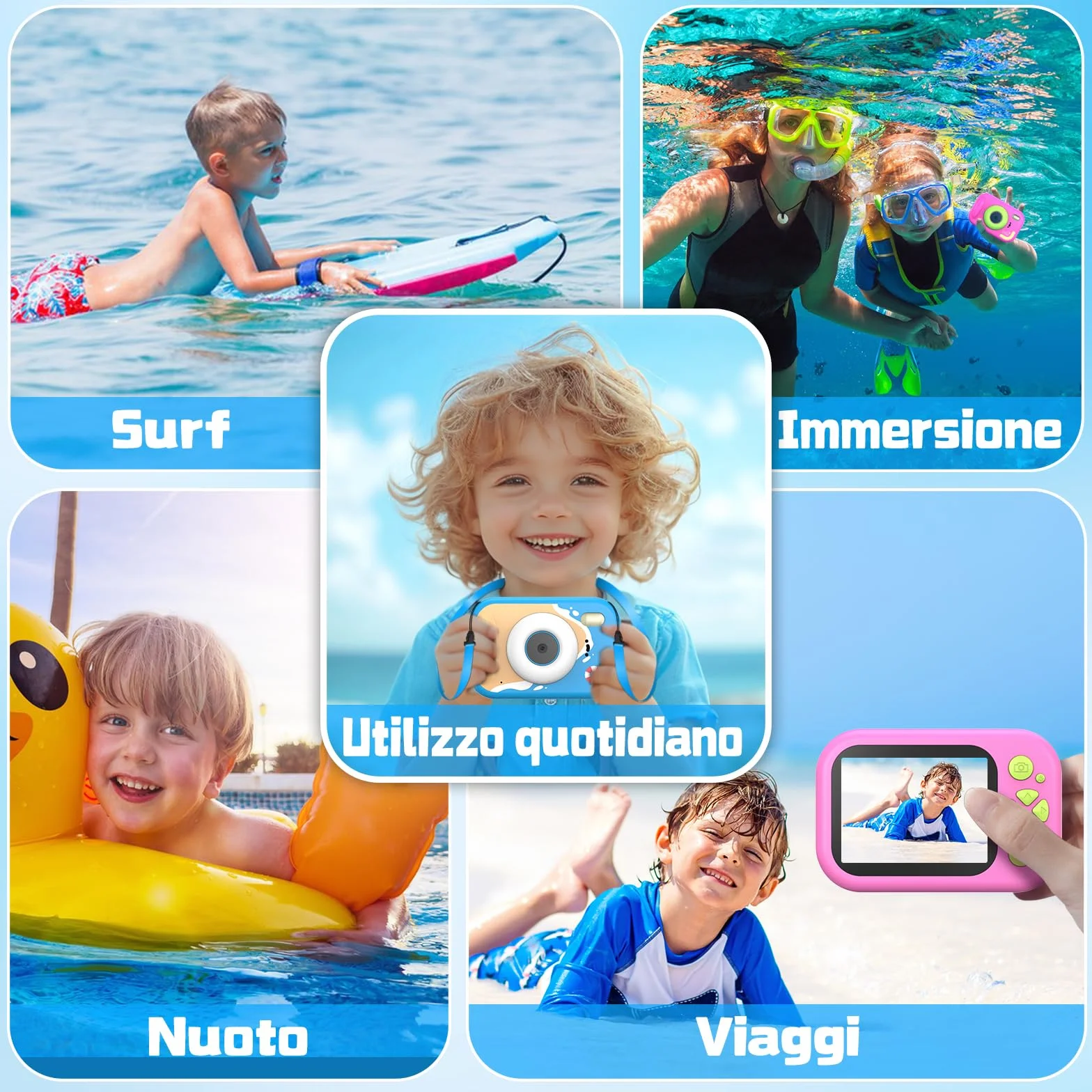 CHAKEYAKE Macchina Fotografica Bambini, 1080P IP67 Fotocamera Impermeabile Bambini con Zoom 10X, Schermo 2.4'', Scheda 32GB Inclusa, Giocattolo per Piscina e Spiaggia, Regalo per 3–12 Anni, Blu