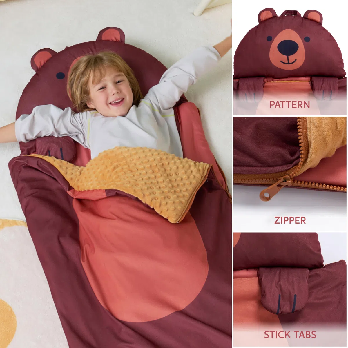 JOIEDOMISacco nanna a forma di orso, 152 x 68 cm, con cerniera, cuscino e coperta, Per bambini dai 3 anni in su, Per bambini e bambine in età prescolare