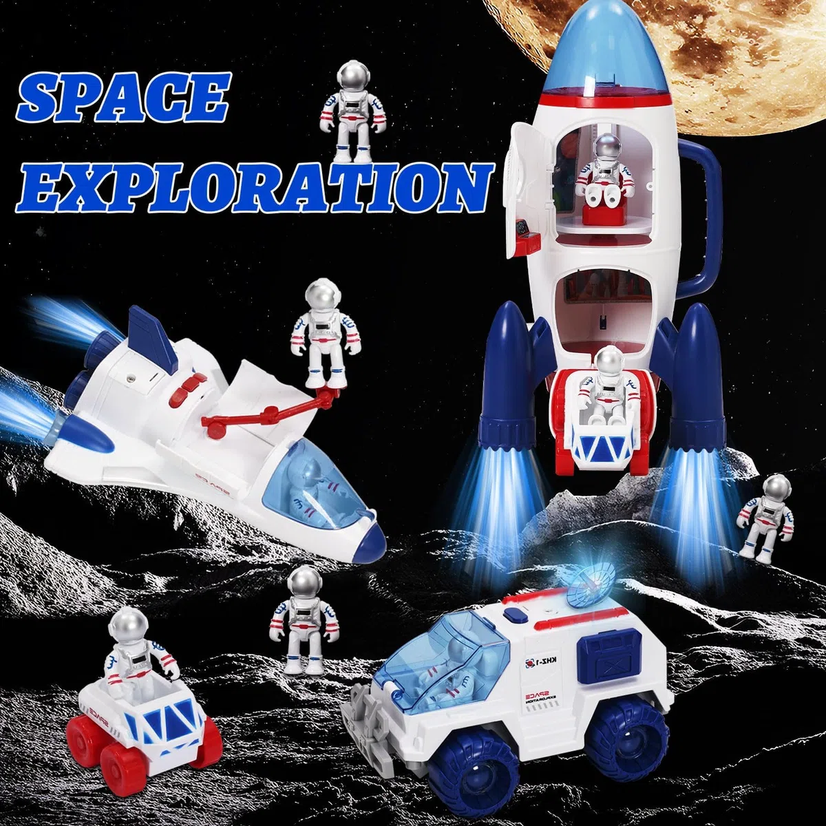 Giocattolo del Razzo Spaziale per Bambini, giocattolo spaziale con effetti di luce e suono, con stazione spaziale, Space Shuttle, Space Rove e astronauti, regalo per bambini