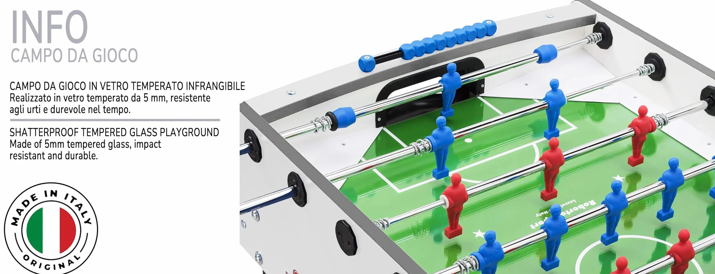 G5 HT SPORT Calcio Balilla Roberto Sport [Made in Italy] Calcetto da Tavolo Calcetto Balilla Con Aste Rientranti Telescopiche | Campo in Vetro Temperato Infrangibile | Palline E Spray Inclusi