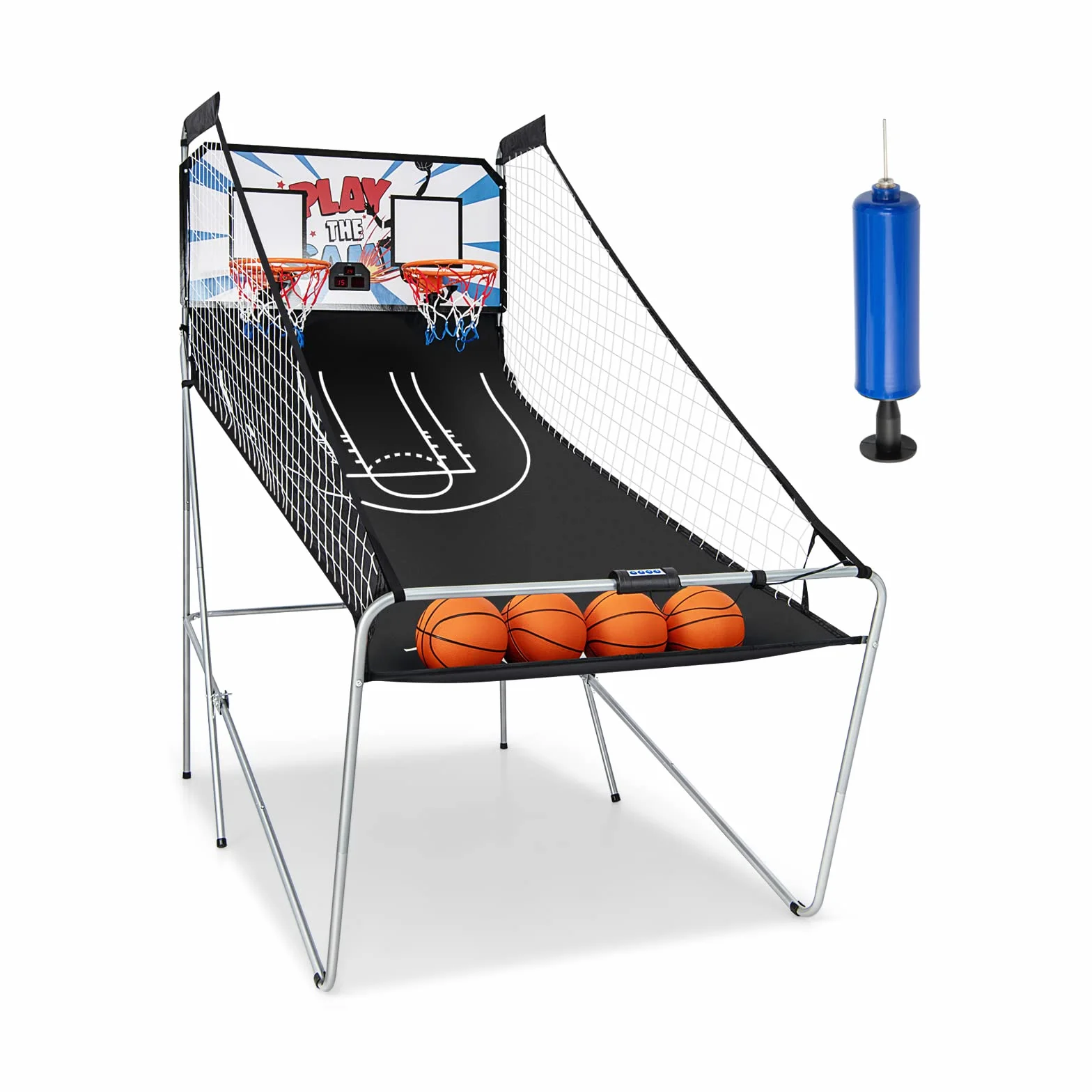 KOMFOTTEU Set di cestini da pallacanestro, arcade pieghevole a doppio cestino con contatore elettronico, 8 in 1 macchina da tiro da basket con 4 palline e pompa, 202 x 107 x 205 cm (bianco)