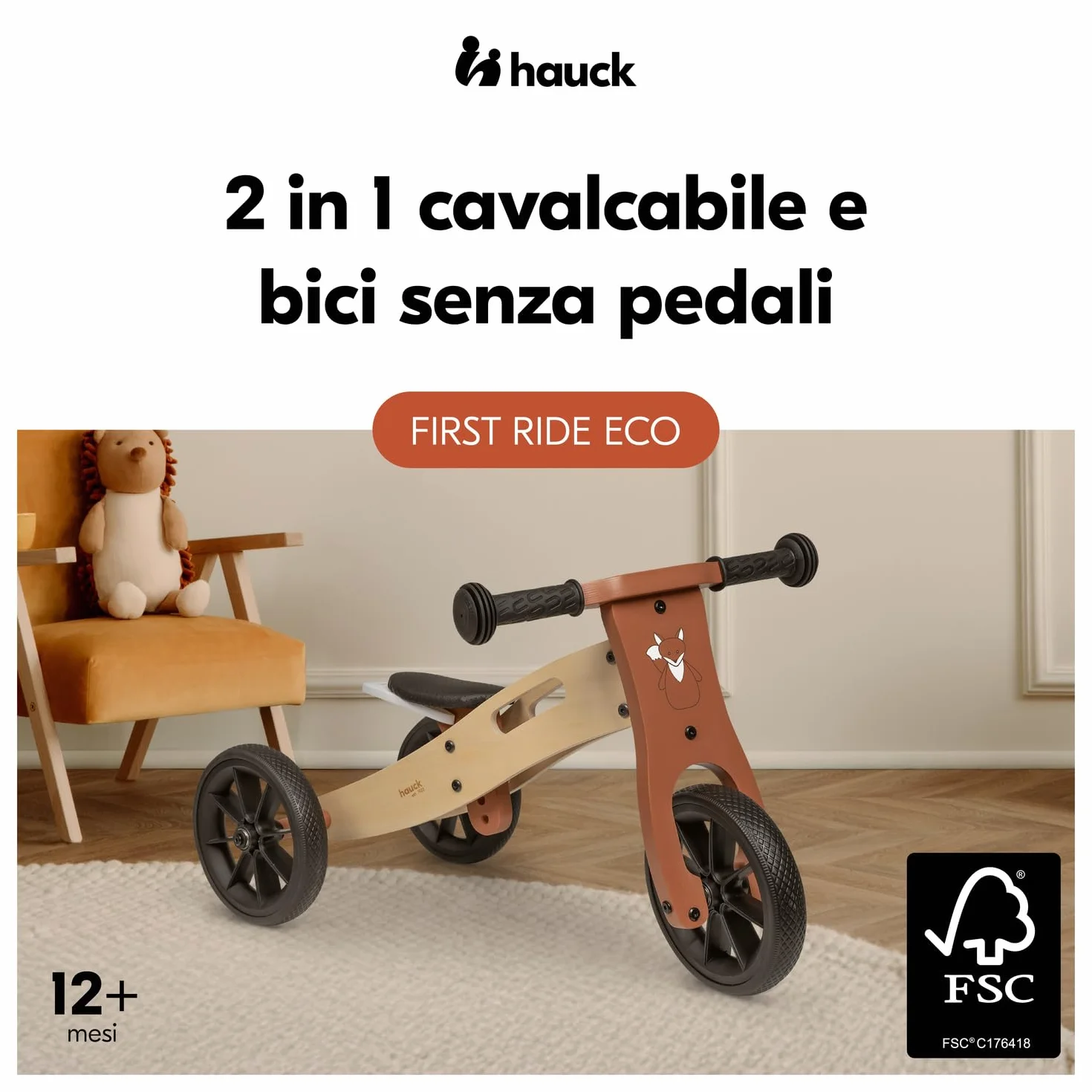 hauck First Ride Eco, Volpe - Triciclo e Bicicletta Senza Pedali Evolutivo in Legno per Bambini da 1 Anno Fino a 20 kg, Ruote 7,5 Pollici, Sella Regolabile in Altezza, con Manico di Trasporto