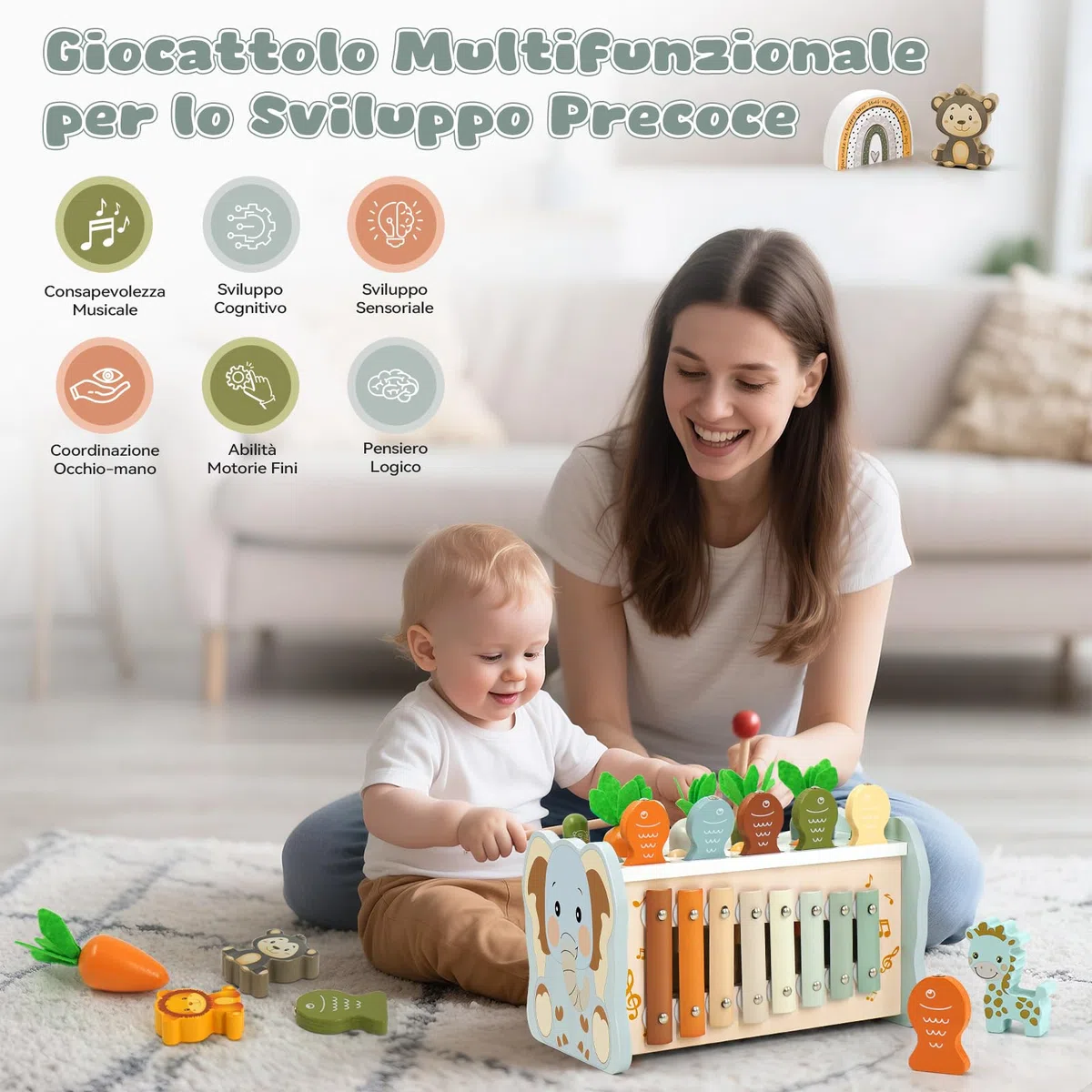 Giochi Montessori 1 Anno, Giocattoli Legno 6 in 1 con Acchiappa Talpa, Pesca, Xilofono per Bambini 1-3 Anni