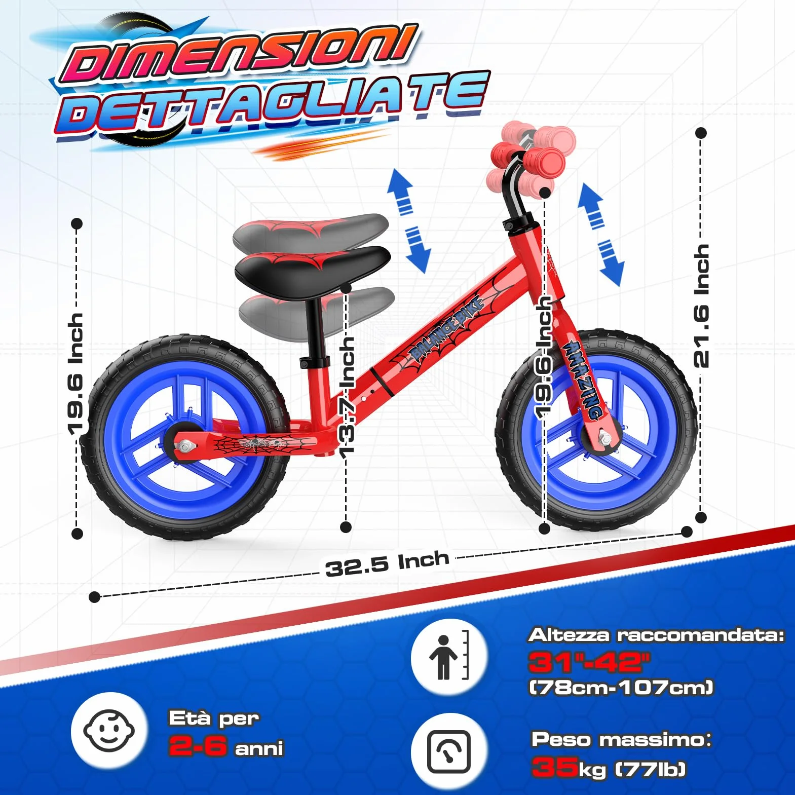 Braxel Bicicletta Bambini Senza Pedali 2-6 Anni, Giocattoli Giochi per Bambini 2 3 4 5 6 Anni Regalo Bambino, Bici Senza Pedali Balance Bike per l'Equilibrio, Manubrio e Sellino Regolabili, Max 35 KG