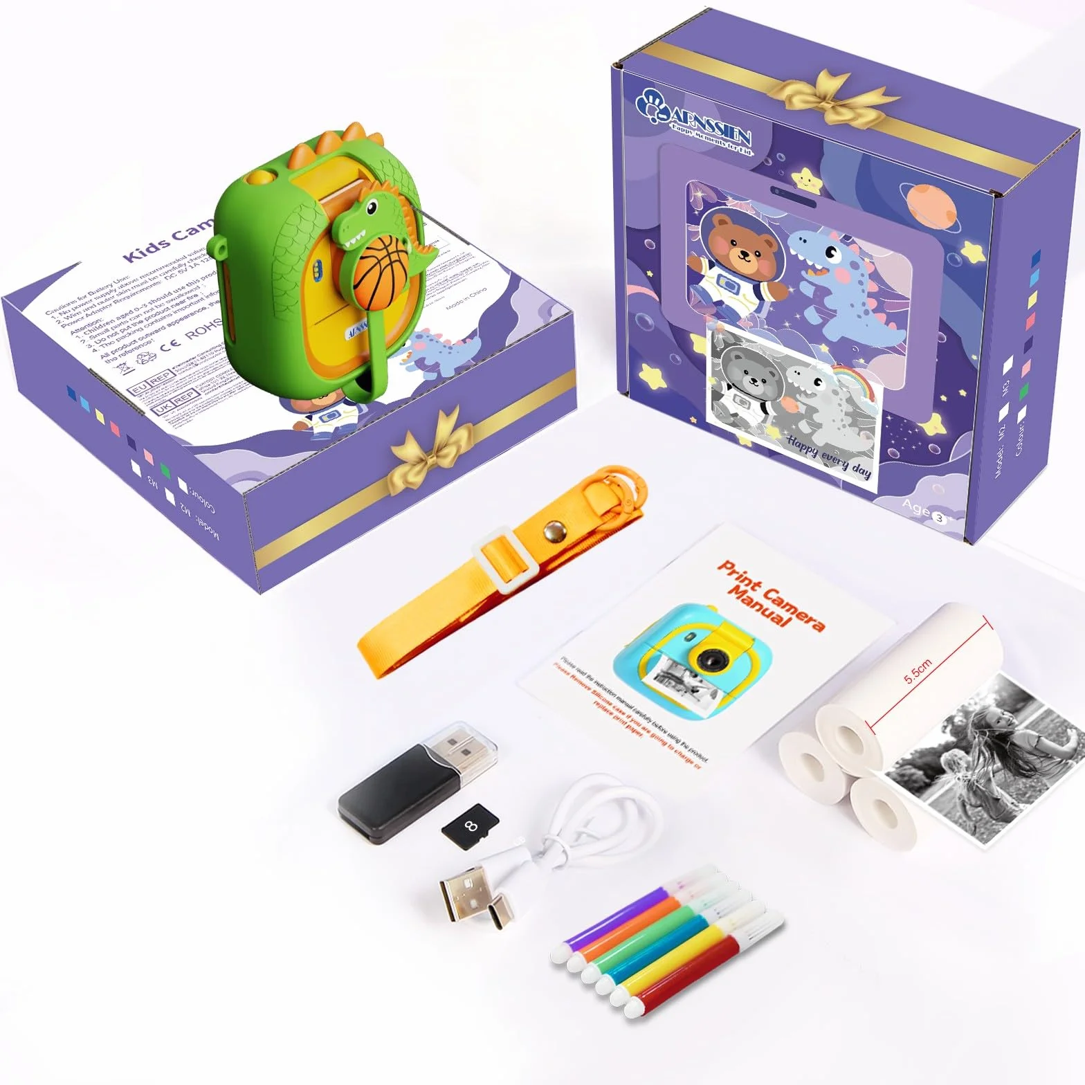 Macchina Fotografica Bambini Istantanea con obiettivo 180°Flip, ARNSSIEN 2,4" Fotocamera Istantanea per Bambini 1080P con 3 Rotoli di Carta da Stampa, Regalo per Bambino per Ragazze Ragazzi da 3-12,M2