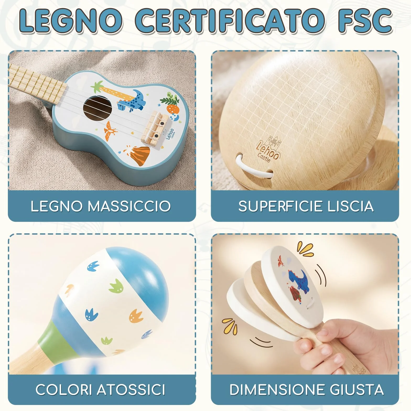 Lehoo Castle Chitarra per Bambini, 7 Strumenti Musicali Montessori Giochi, con ukulele, Tamburello, Flauto, Maracas, Giocattoli in Legno, Giocattoli Didattici, Regalo per bambini di 1, 2, 3 anni