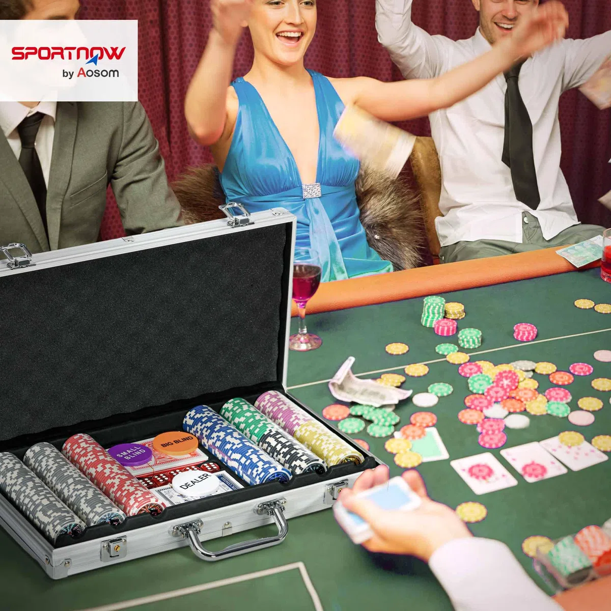 SPORTNOW Set Poker Professionale 500 Fiches 11.5g, 2 Mazzi Carte, 5 Dadi, Alluminio Poliestere Argento
