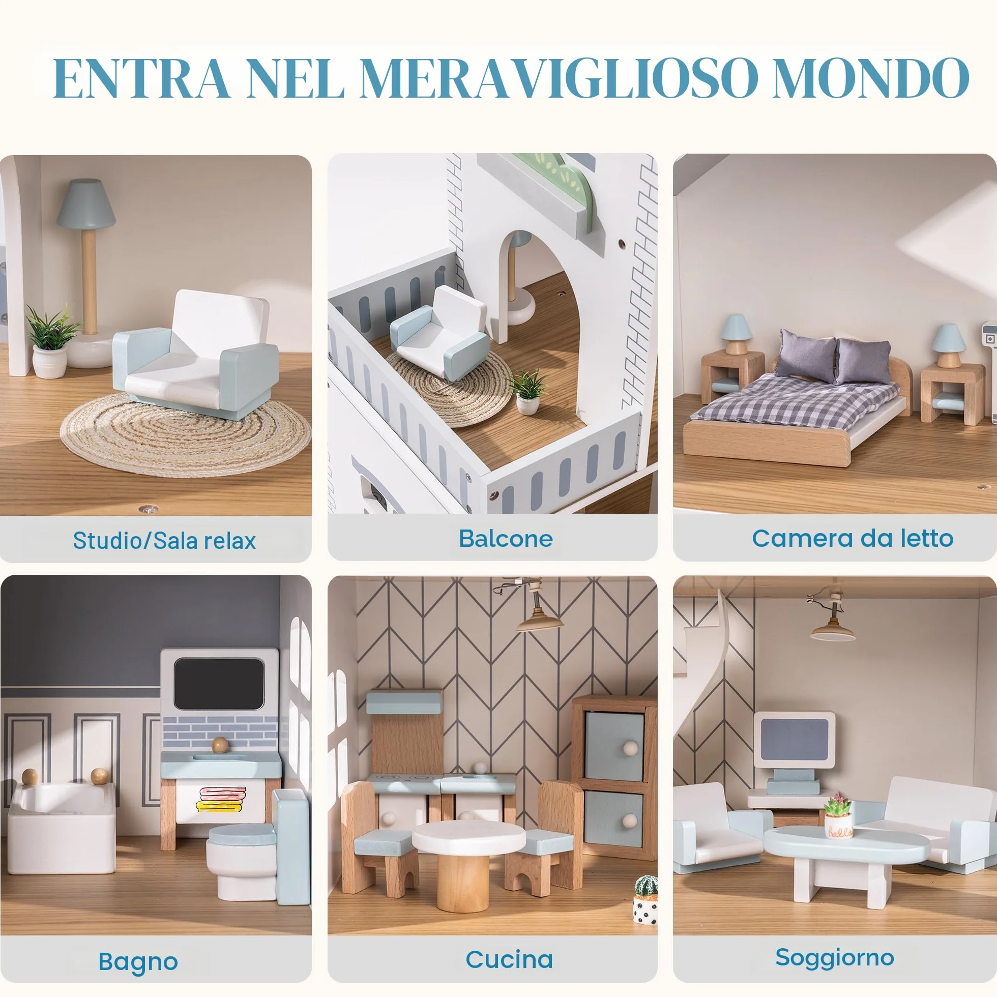ROBUD Casa delle bambole in legno luci,3 piani, inclusi mobili e scale, giocattoli per bambini dai 3 anni in su