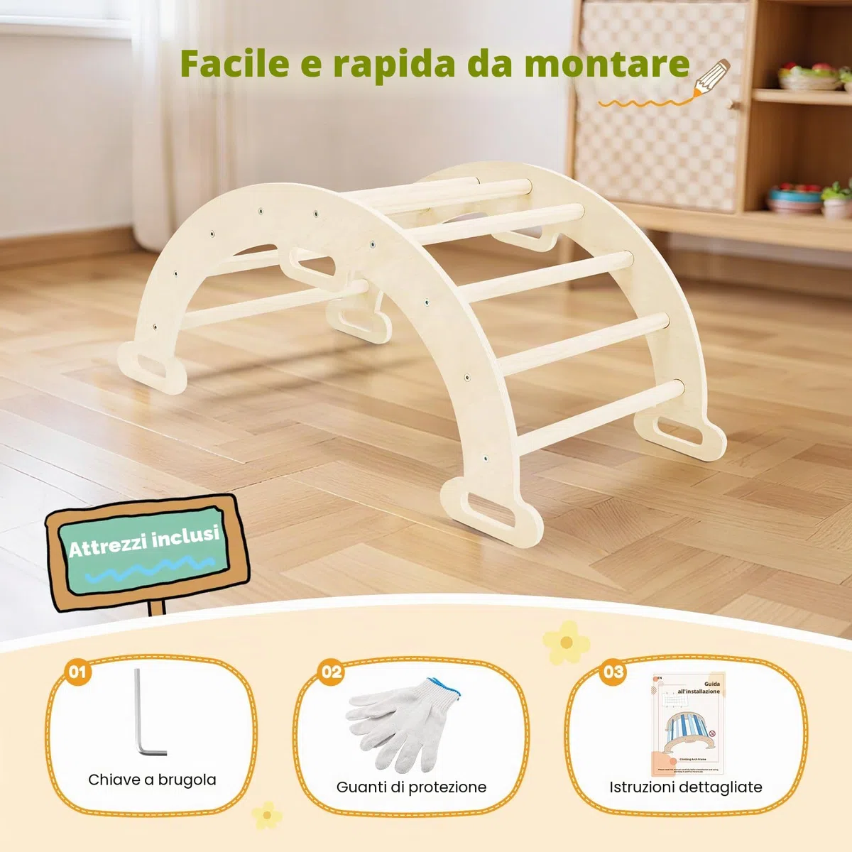 Arco da Arrampicata Montessori 2 in 1 con braccioli per bambini legno naturale cuscino tappetino antiscivolo 1-6 anni