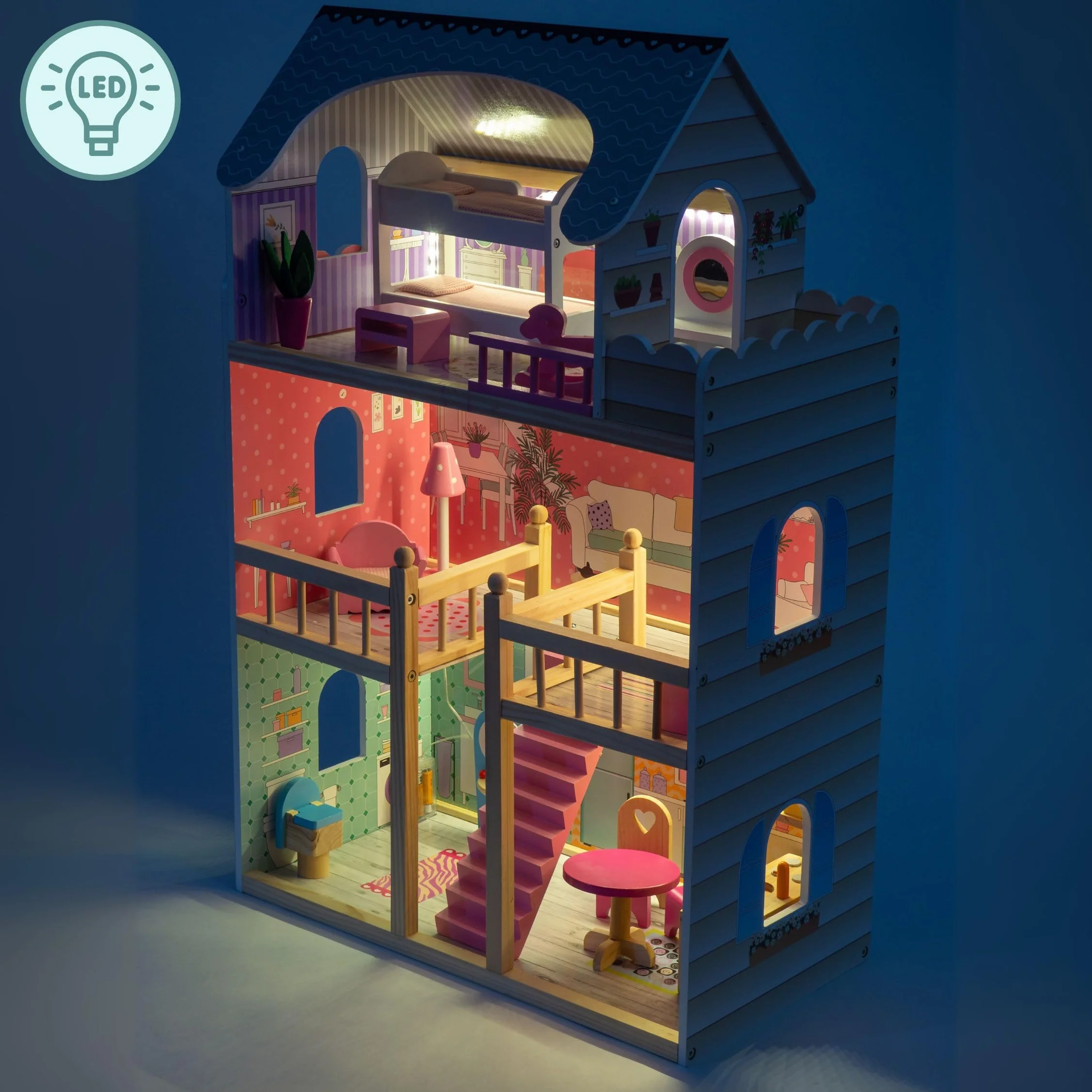 mamabrum Casa delle Bambole in Legno XXL – 3 Piani con LED e Mobili Inclusi – Casa Bambole 90x60x30 cm – Design Pastello Sicuro ed Educativo – Giocattolo per Bambine dai 3 Anni