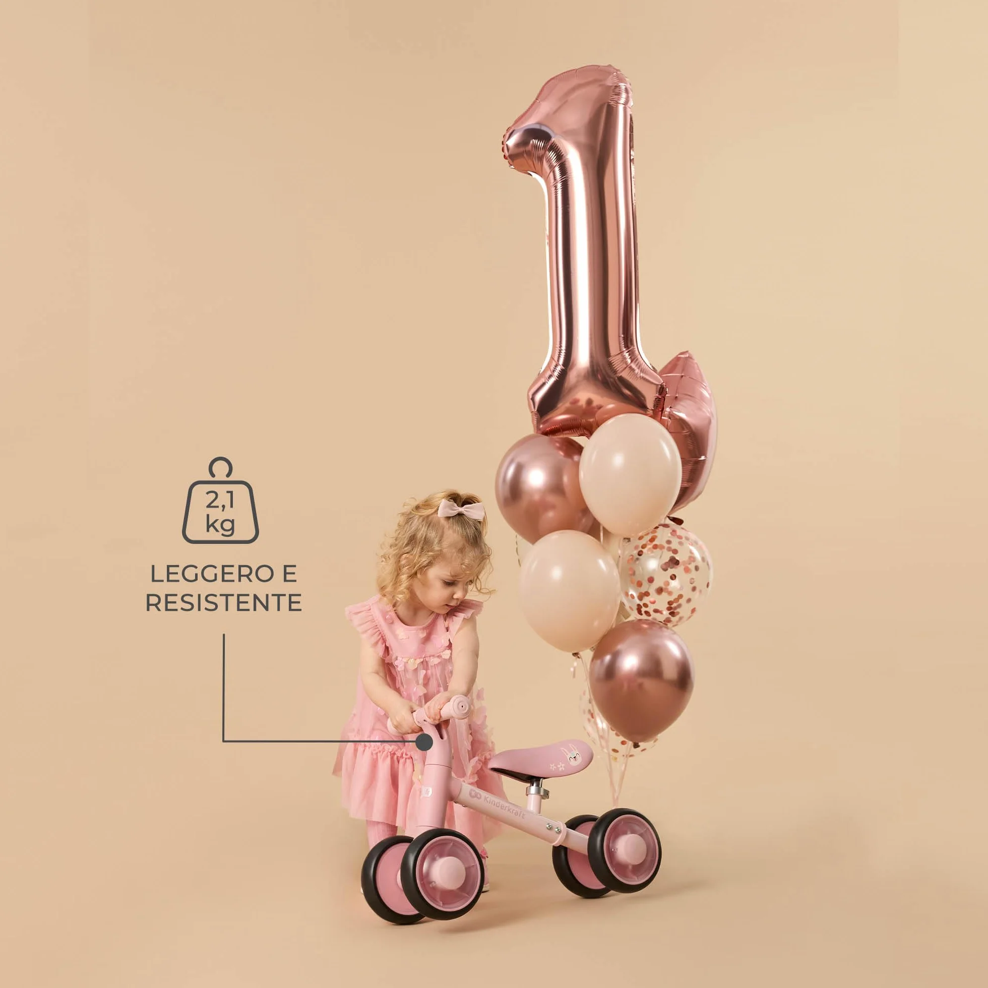 Kinderkraft CUTIE FLASH, bicicletta educativa per bambini, senza pedali, ruote con luci a LED, design moderno, costruzione sicura, per bambini a partire da 1 anno, Rosa