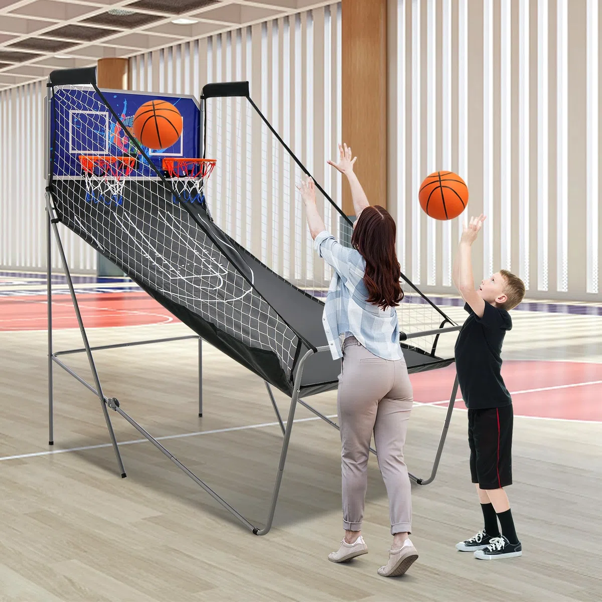 KOMFOTTEU Set di cestini da pallacanestro, arcade pieghevole a doppio cestino con contatore elettronico, 8 in 1 macchina da tiro da basket con 4 palline e pompa, 202 x 107 x 205 cm (blu)