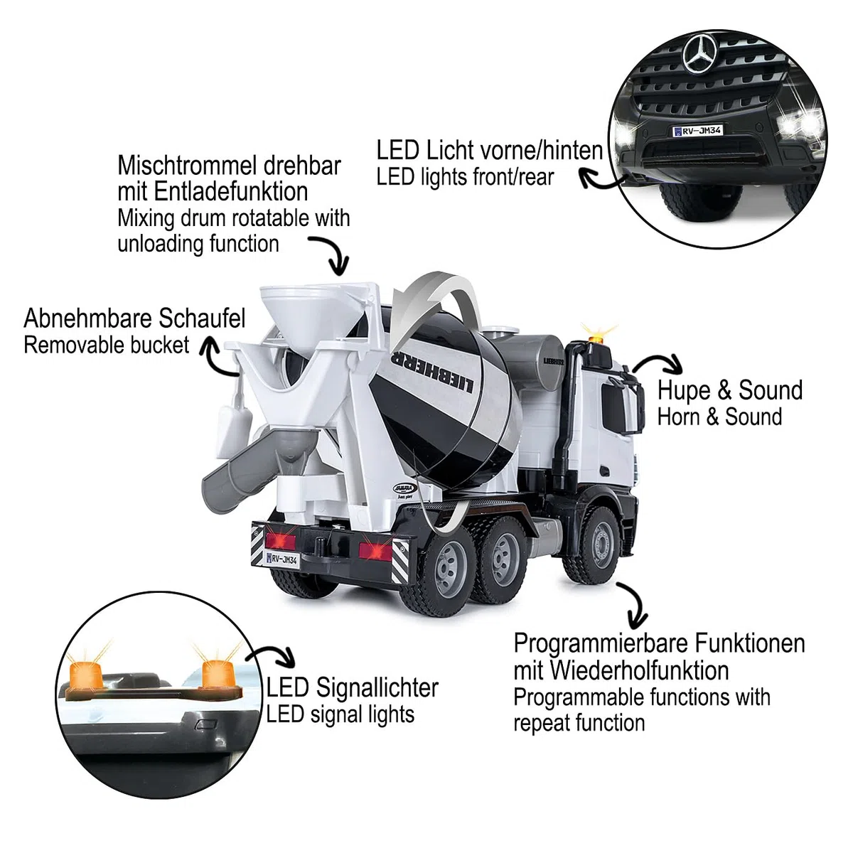 JAMARA Frullatore Mercedes Benz Arocs Liebherr 1:20 2,4 GHz – licenza ufficiale, allarme retromarcia, 4 ruote motrici, pneumatici profilati, luce LED, tamburo di miscelazione girevole con funzione di