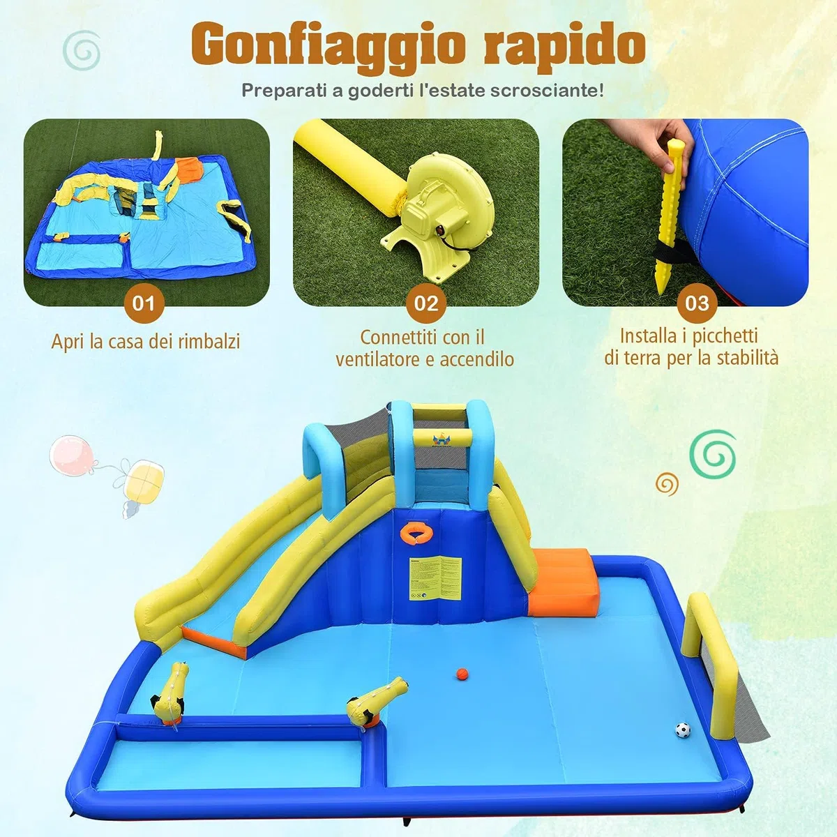 RELAX4LIFE Castello Gonfiabile per Bambini, Piscina Gonfiabile con Trampolino, Scivolo con Salita da Arrampicata e Sottopassaggio, Pieghevole da Esterno (MODELLO 11)