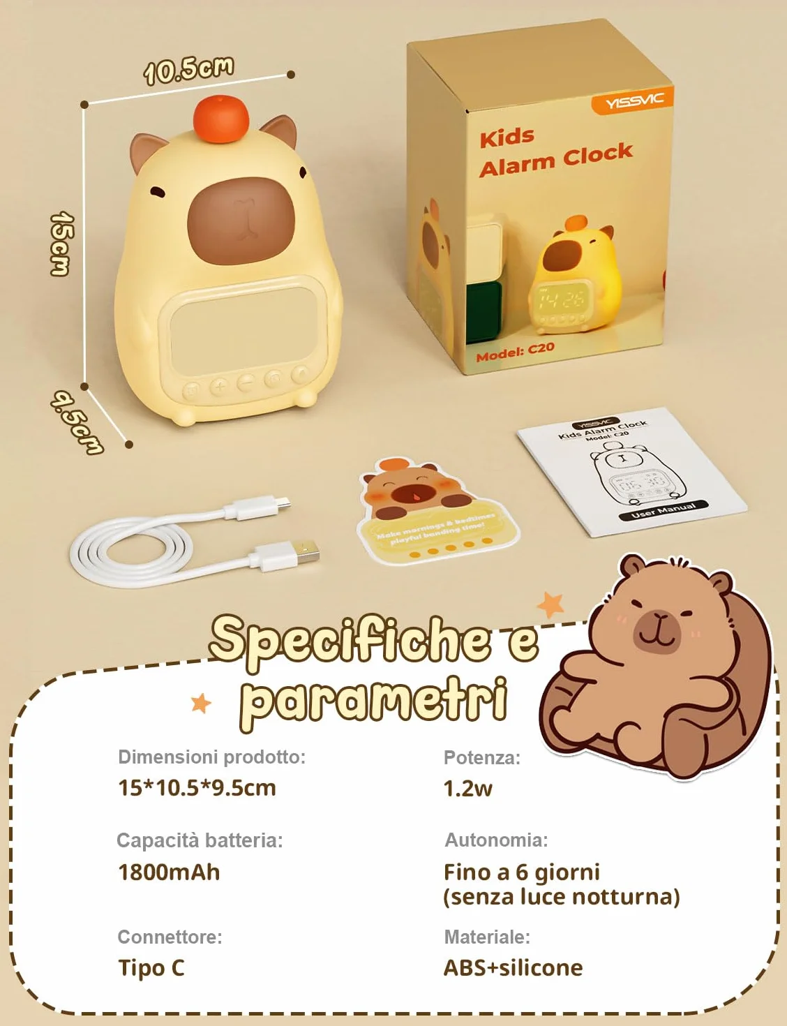 YISSVIC Sveglia per Bambini con 2 Sveglie, Regolazione Volume, Funzione Snooze, 5 Suonerie, Luci Notturne Sveglia Ricaricabile 1800 mAh