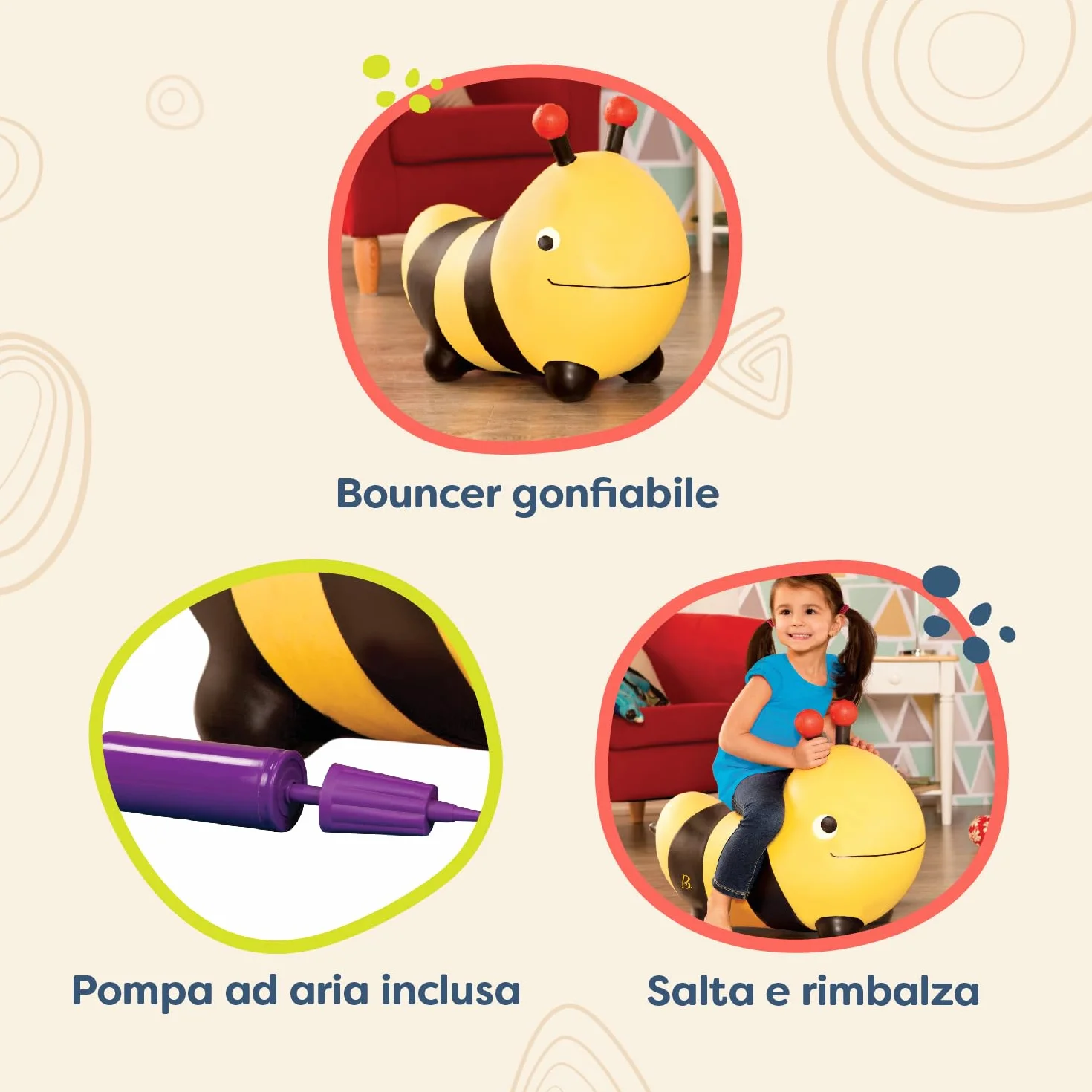B. toys - Bouncy Boing! - Bizzi - Sdraietta ape cavalcabile - Giocattolo gonfiabile per animali - Salterello gonfiabile per bambini, ragazzi e bambini - Saltare e rimbalzare - Pompa dell'aria inclusa