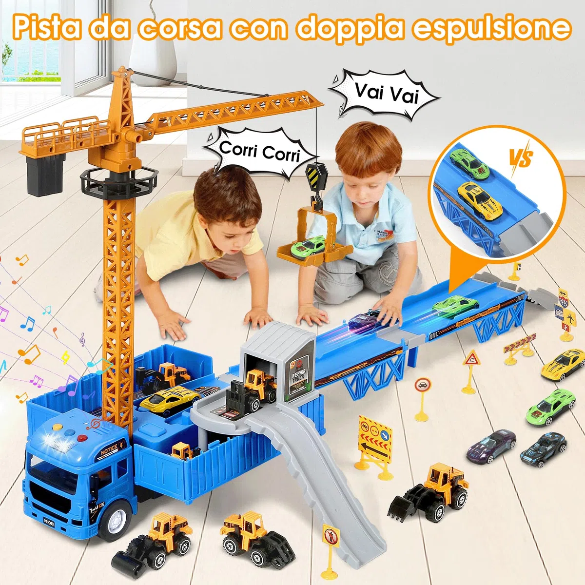 MOONTOY Cantiere Giocattolo per Bambini Camion Pista Macchinine Gru Bisarca con Escavatore Bulldozer Betoniera Rullo Compressore Regalo 3 4 5 6 Anni