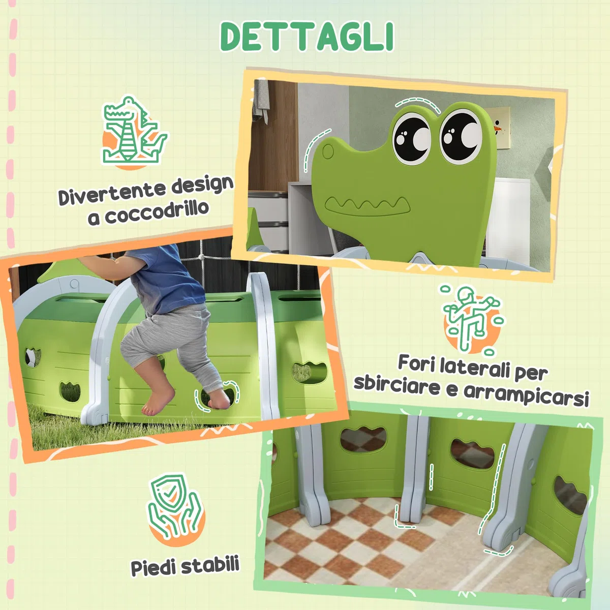 AIYAPLAY Tunnel da Gioco per Bambini 3-6 Anni a Forma di Coccodrillo, Tunnel Gioco da Interno ed Esterno in Plastica, Modulabile in Diverse Forme, Adatto per Asilo e Parco Gioco, Verde