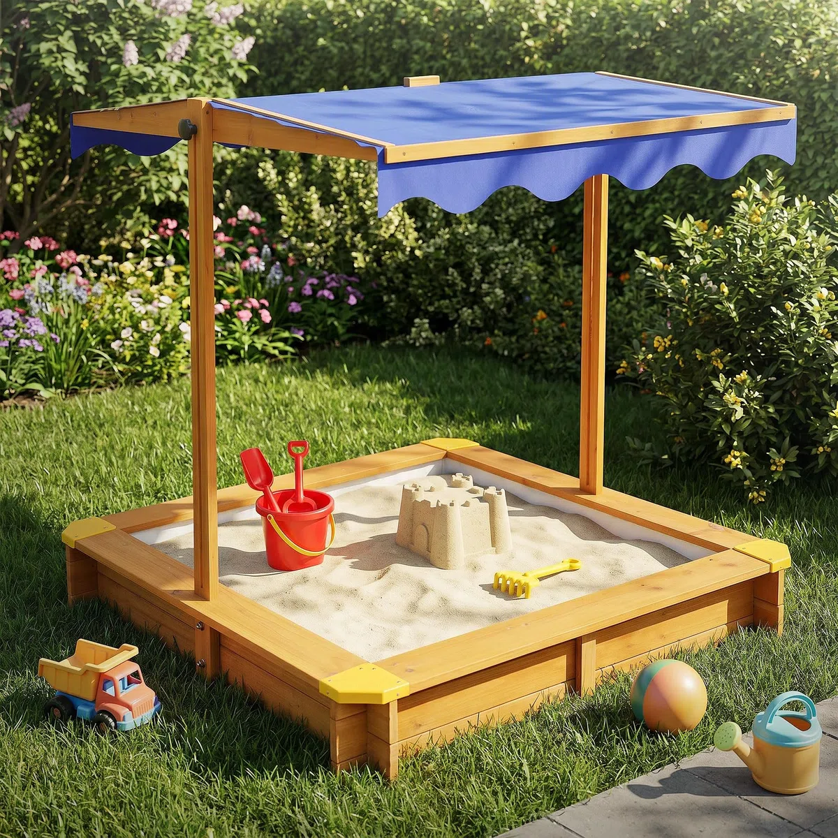 ML-Design Sabbiera con Tetto Regolabile 118x118 cm, in Legno Massello, Sandbox per Bambini con Copertura, Tessuto Base e Bordi Rinforzati, Protezione UV 50, Sabbionaia da Giardino, Gioco da Esterno