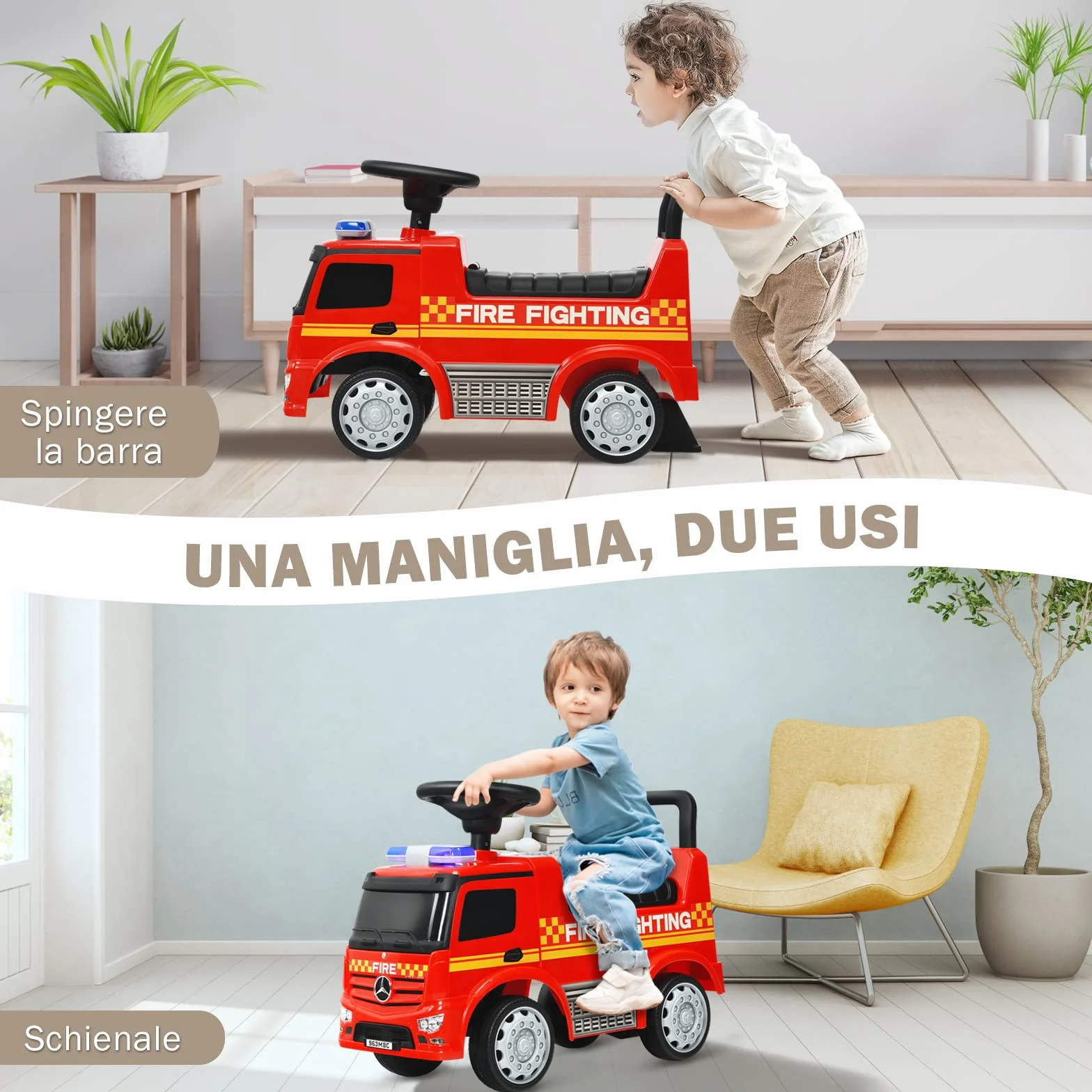 COSTWAY Camion dei Pompieri per Bambini, Macchinina Cavalcabile per Bambini, con Volante, Schienale, Macchina Cavalcabile con Piedi a Terra, Rosso
