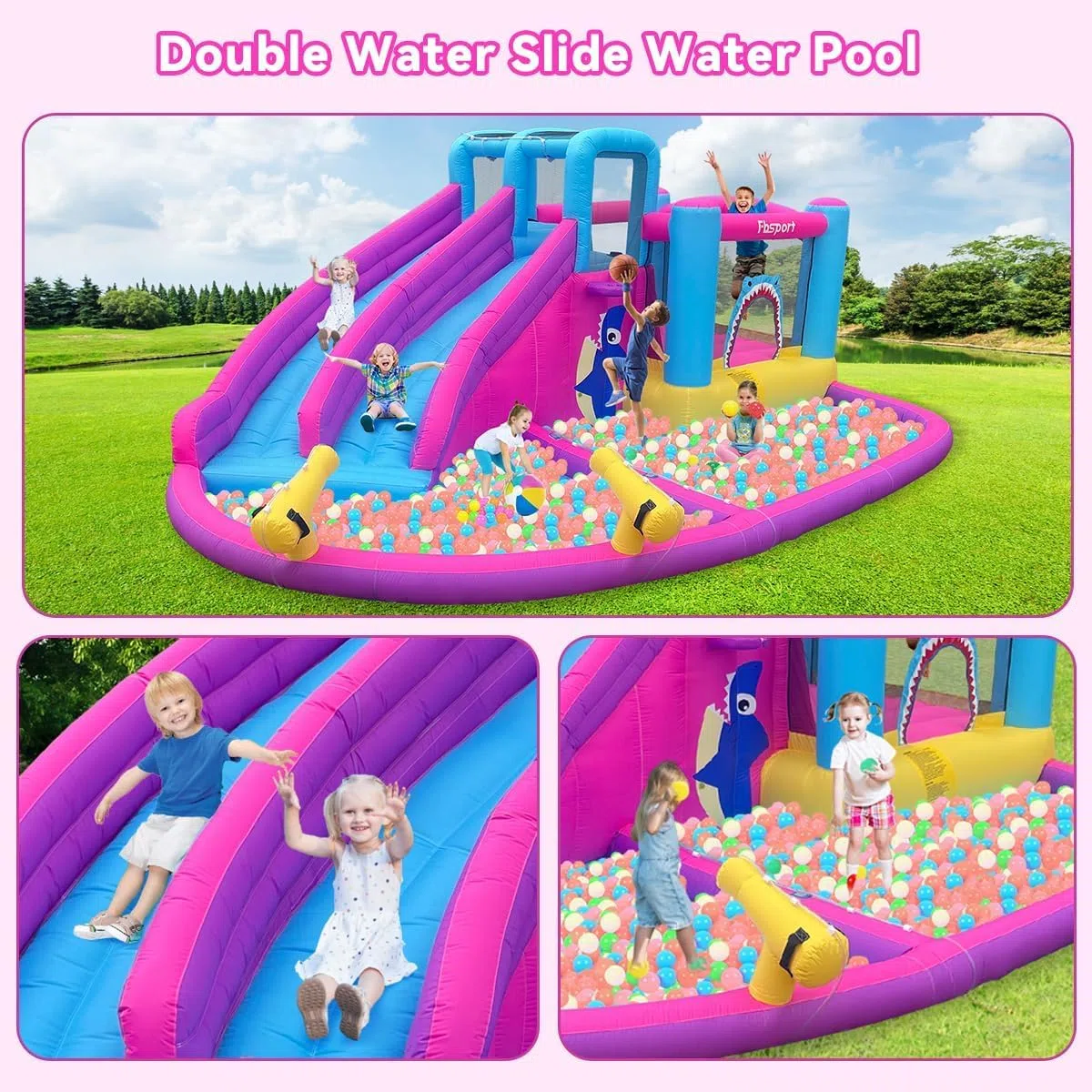 FBSPORT Castello Gonfiabile con Ventilatore 545 x 365 x 218 cm con Scivolo Trampolino Piscina Parete da Arrampicata, Piscina di Palline oceaniche Parco Acquatico per Bambini