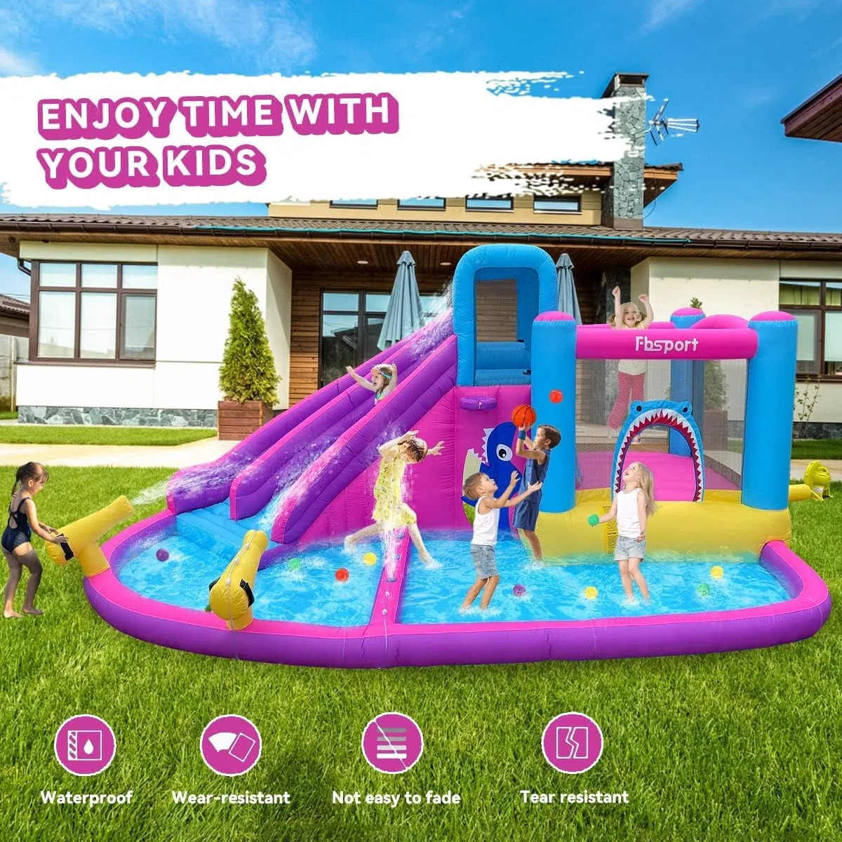 FBSPORT Castello Gonfiabile con Ventilatore 545 x 365 x 218 cm con Scivolo Trampolino Piscina Parete da Arrampicata, Piscina di Palline oceaniche Parco Acquatico per Bambini