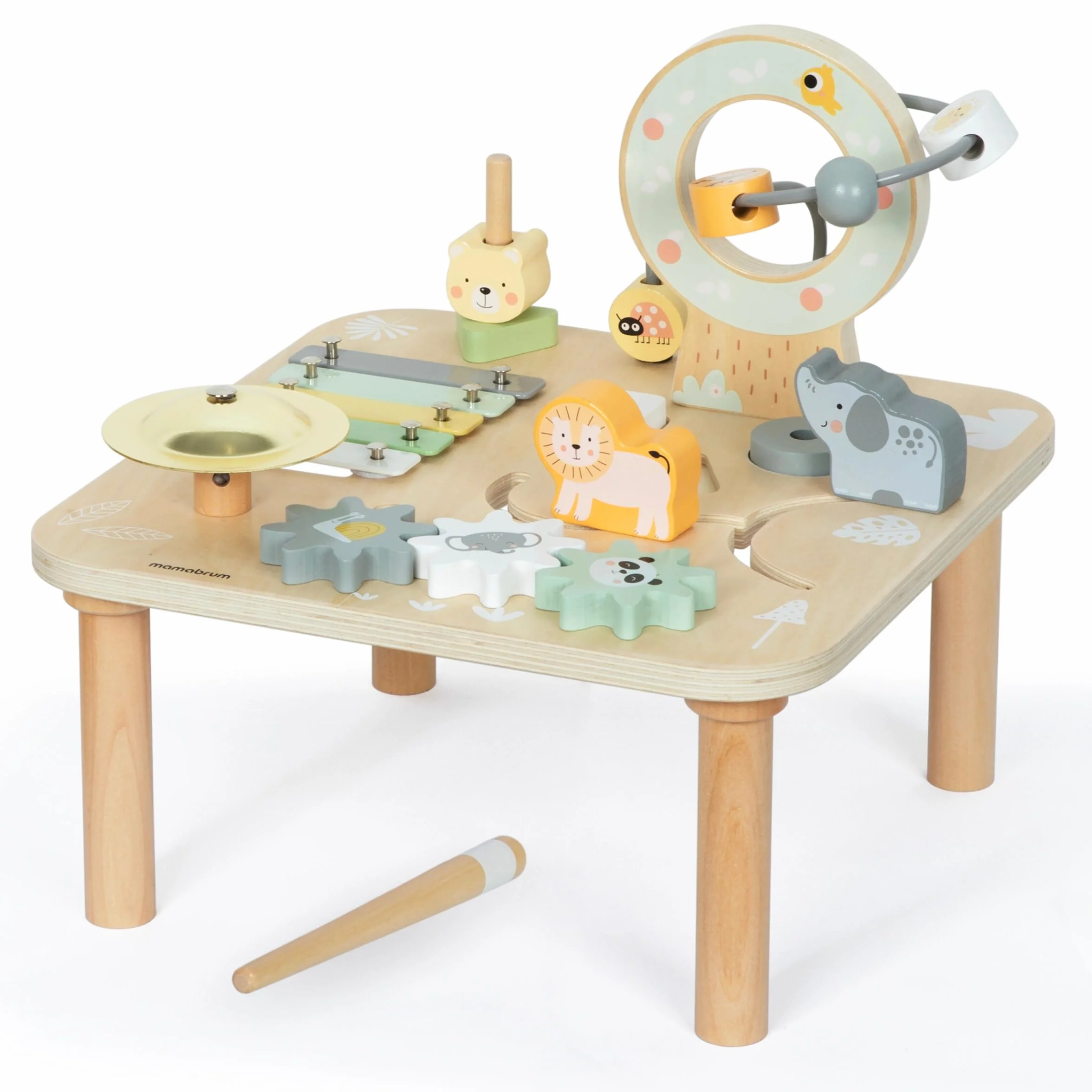 Mamabrum Tavolino Educativo in Legno per Bambini - Giocattolo Musicale 7 in 1 con Pipistrelli e Gong, Percorso Motorio, Puzzle Sensoriale a Tema Giungla