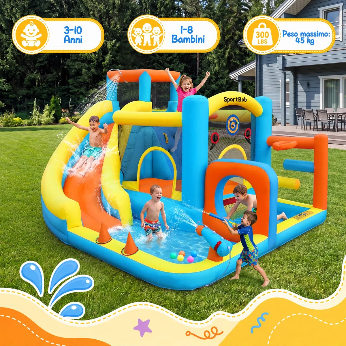 Castello Gonfiabile con Scivolo Acquatico, Piscina di Palline, Area di Salto e Parete da Arrampicata, Soffiatore d'aria Incluso, Utilizzo Interno/Esterno per Giardini, Feste e Famiglie