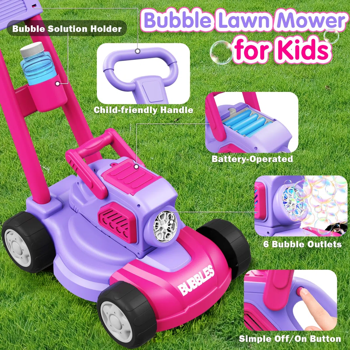 Tosaerba Spara Bolle per Bambini, Macchina per Bolle 3-in-1 con 10 Soluzioni, Giochi all'Aperto per Bambini 3-8 Anni, Regalo di Compleanno Pasqua Estate per Ragazzi e Ragazze 3 4 5 6 7 8 Anni
