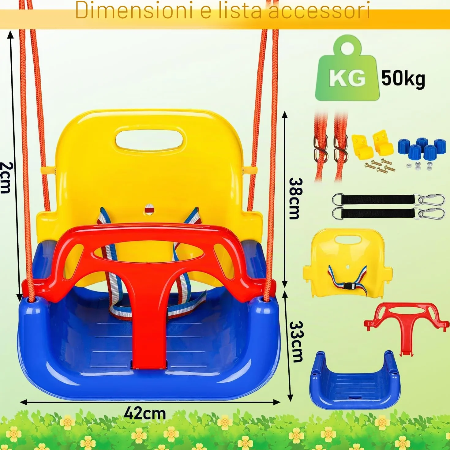 Altalena per bambini 3 in 1 fino a 50 kg, seggiolino rimovibile, regolabile in altezza, altalena per bambini che cresce con il bambino per esterni e interni