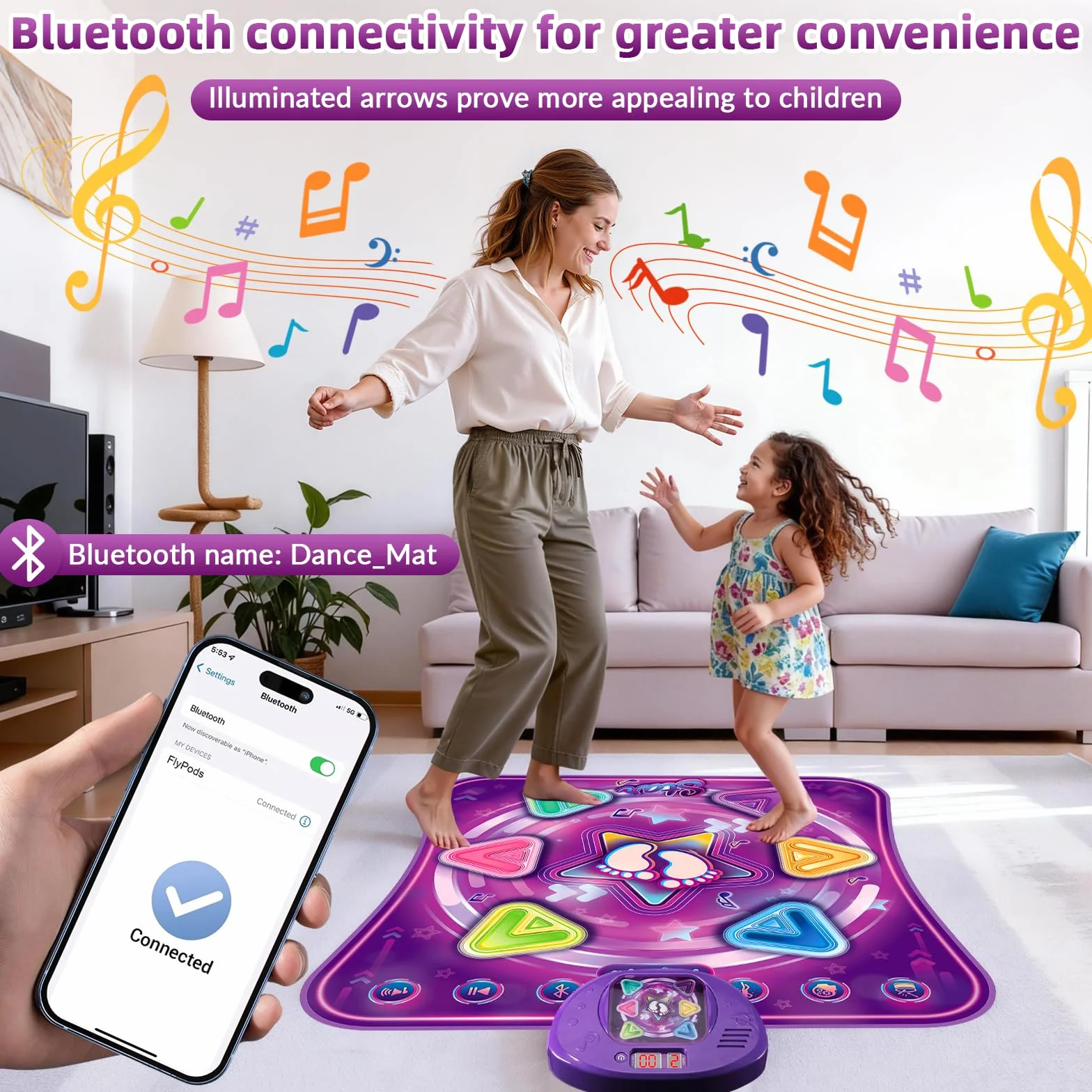 Bambini Tappetino da Ballo con 6 LED, Tappeto da Ballo con Bluetooth per 3 4 5 6 7 8+ Anni,Tappetino da Ballo Elettronico,Giocattolo Tappeto Musicale da Ballo,Regali di Natale di Compleanno (Viola)