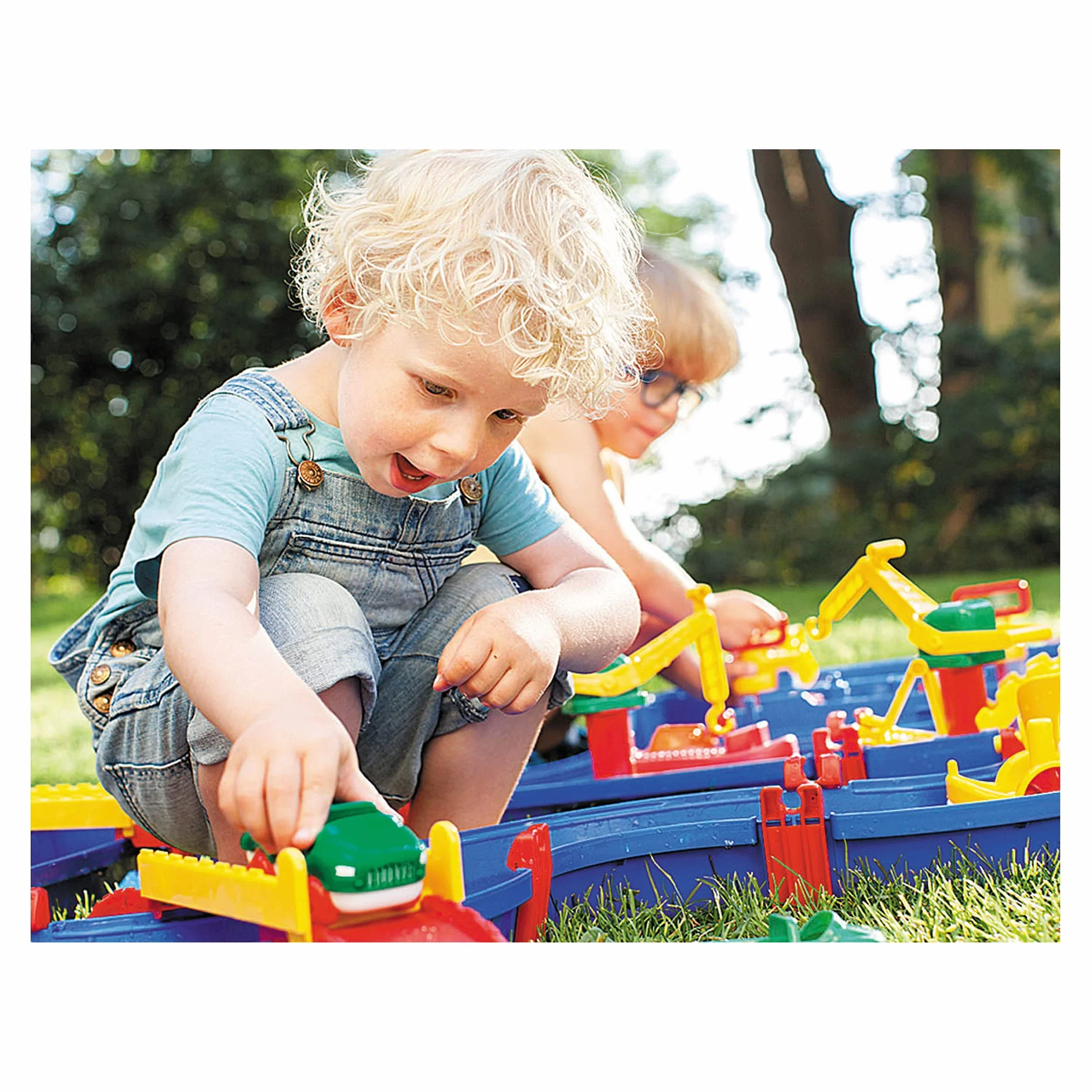Tavolo d'Acqua per Bambini, Tavolo da Gioco colorato con Sistema di canali funzionanti, Gru, Ponti, Barca e Giocattolo per Auto, dai 3 Anni in su