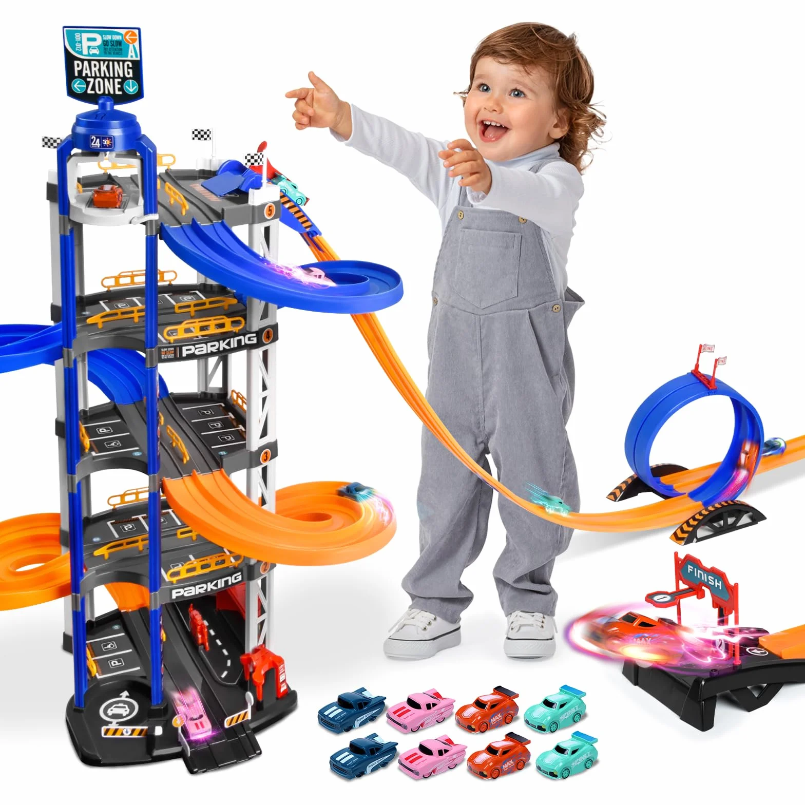 Charmofun 5 Piani Garage Macchine per Bambini, Grande Pista Macchinine Parcheggio Macchinine con 8 Auto, Ascensore, Luci e Suoni, Giocattolo Auto Garage per Bambini 3 4 5 6 7 8 Anni