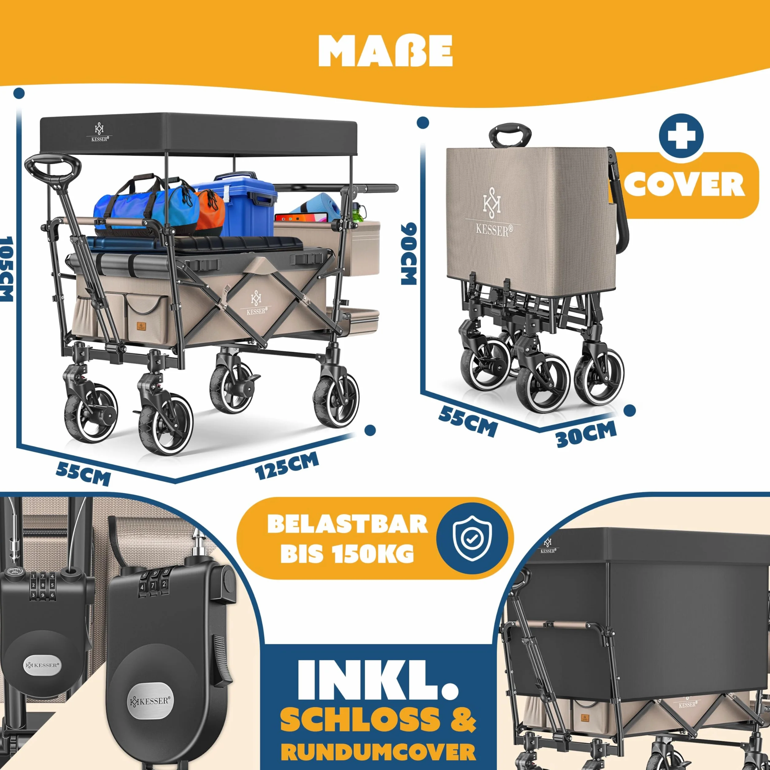 KESSER GTS-9100 - Carrello pieghevole con tetto, portata fino a 150 kg, con ruote in gomma dura e freni di stazionamento anteriore/posteriore, con serratura, copertura, intemperie e protezione da