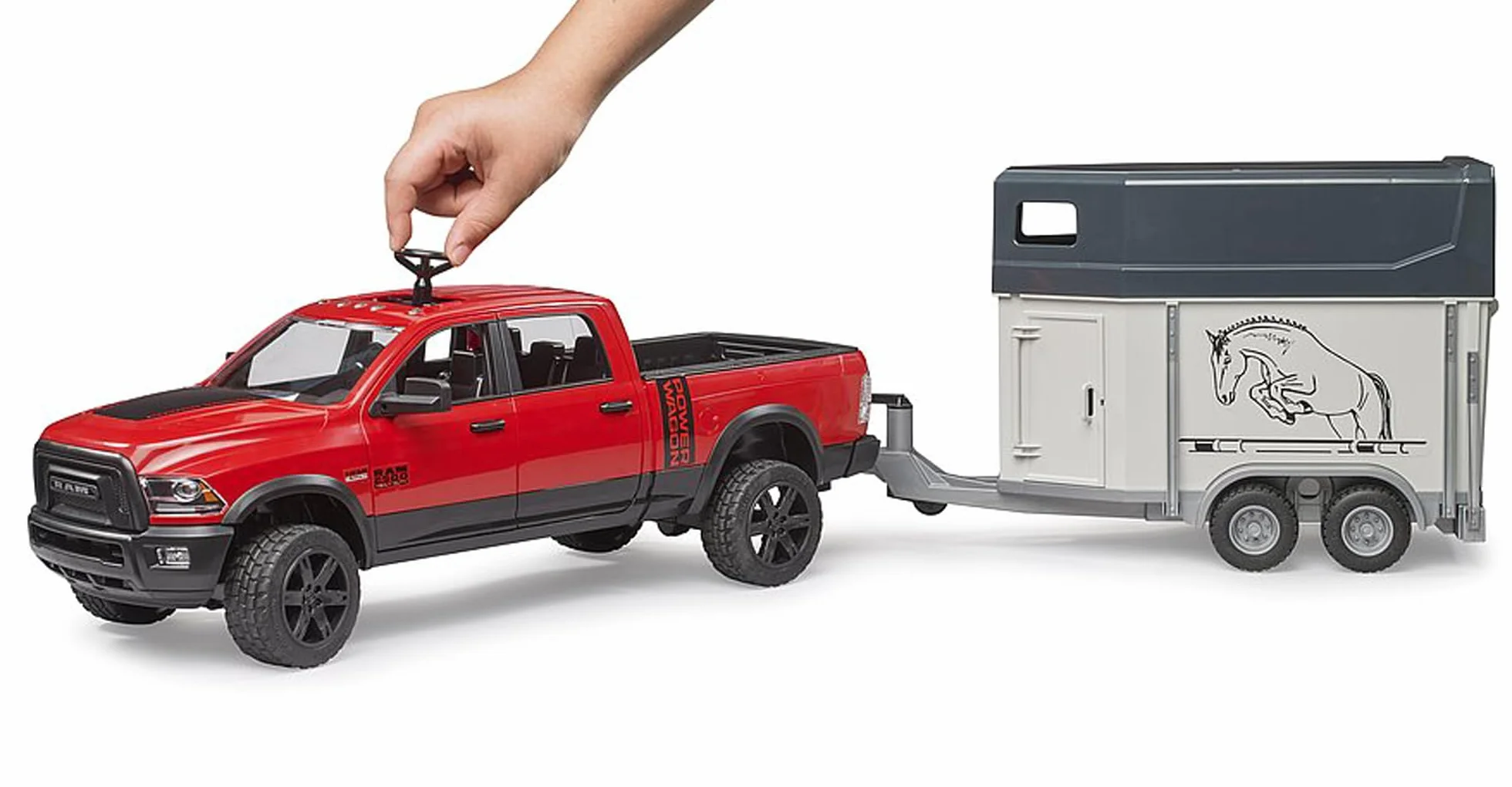 Bruder 02501 RAM 2500 Power Wagon z Przyczepą dla Koni i Koniem, Terenowy Transporter Zwierząt