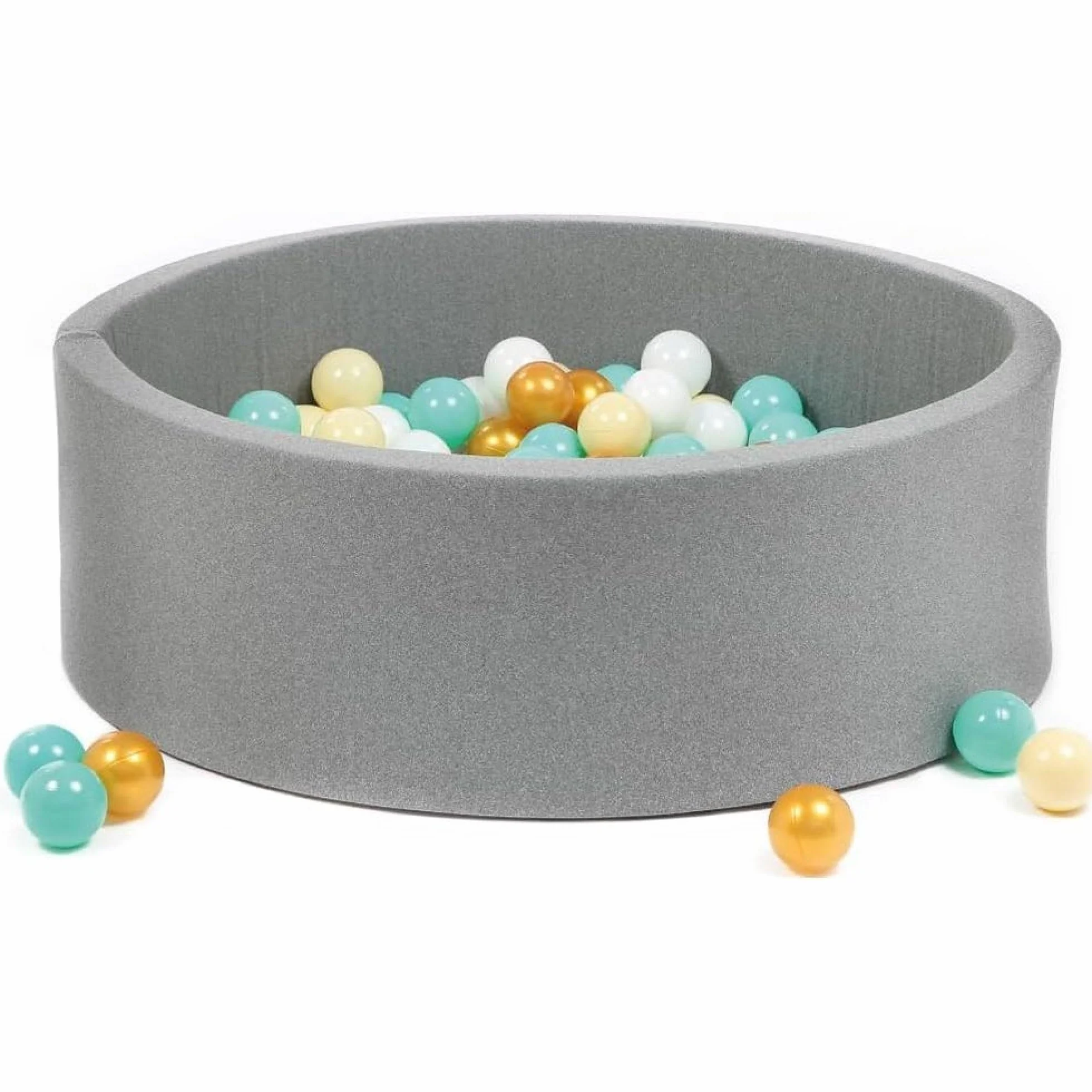 LUDI - Piscina a sfera rotonda in schiuma - Ø 90 cm x H 30 cm - per bambini dai 6 mesi - 100 palline incluse - Tessuto morbido e lavabile - Colore Grigio - Favorisce la capacità motoria e il