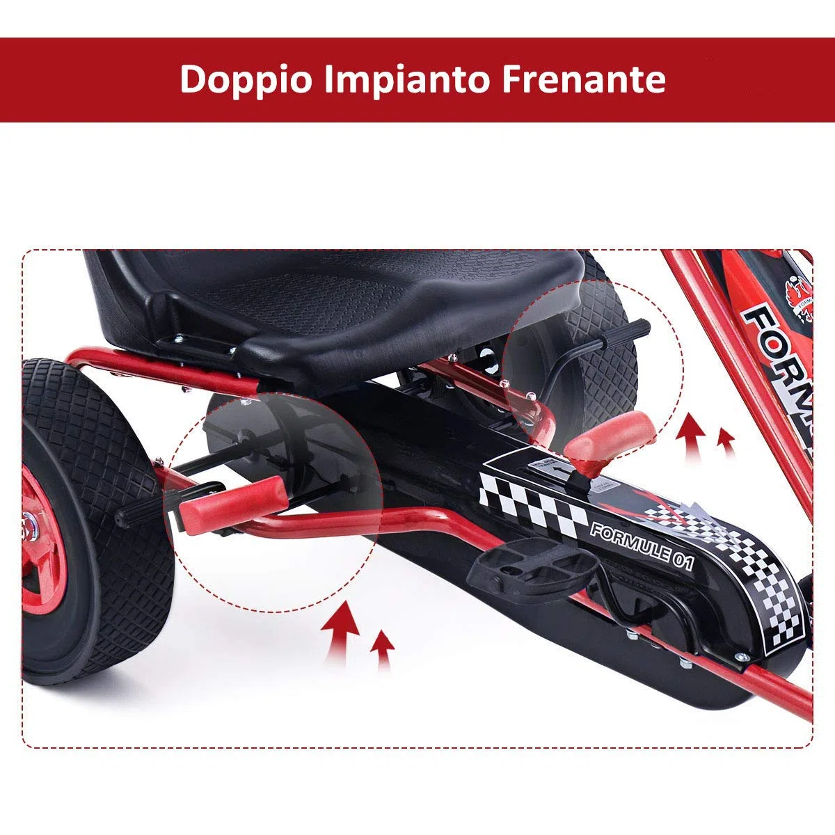COSTWAY Go Kart a Pedali per Bambini 3-8 Anni, Sedile Regolabile, Freno a Mano, Portata 30 kg, Rosso